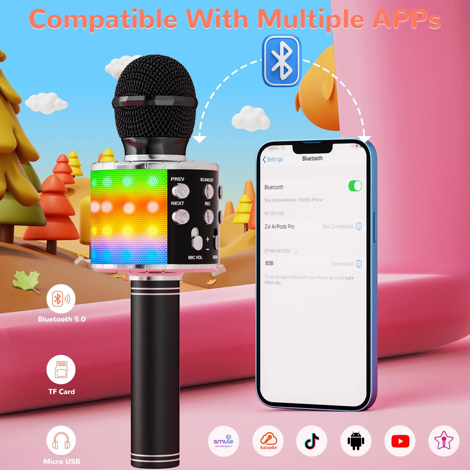 Ankuka Microfono Karaoke Bluetooth Wireless Microfono Bambini Regalo per Bambini 3-12 Anni Microfono Giocattolo Cambia Voce, Compatibile con Android, iOS, PC Nero
