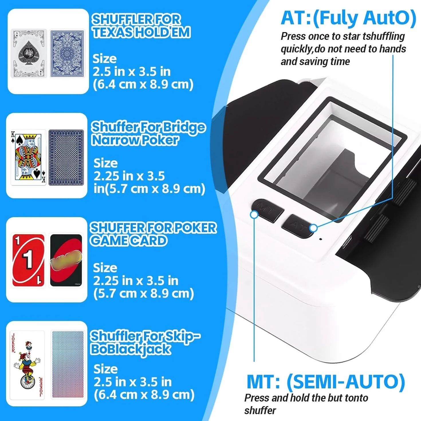 Miscelatore Automatico di Carte, Miscelatore Elettrico per 1-2 Mazzi di Carte, modalità Automatica e Manuale, Ricaricabile 2000 mAh, Portatile e Basso Rumore per Poker, Uno, Blackjack, Skip-BO