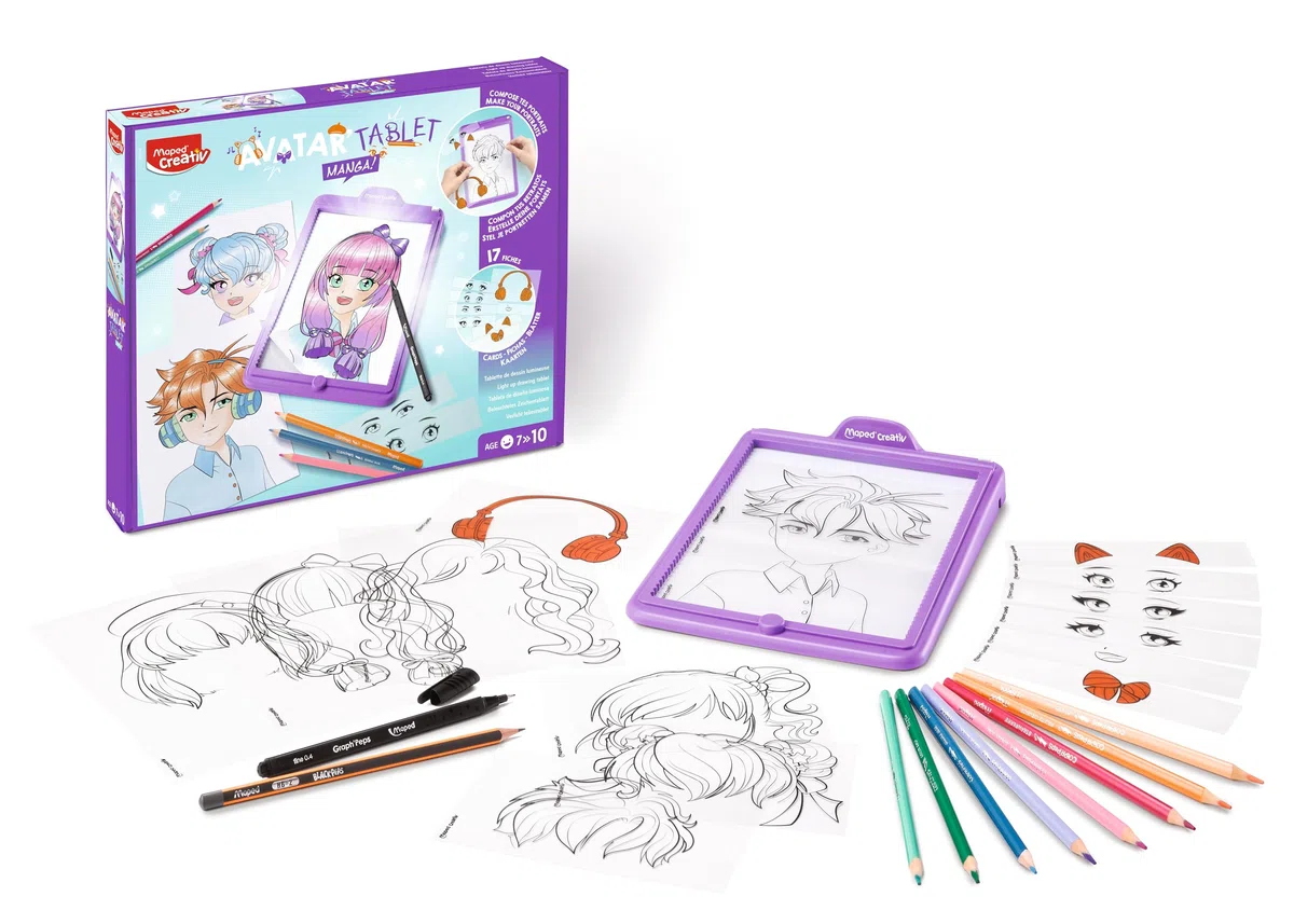 Maped Creativ Avatar'Tablet Manga - Macchina da disegno luminosa, per comporre ritratti Manga all'infinito, tavoletta luminosa con schede, modelli e materiali da disegno, a partire dai 7 anni