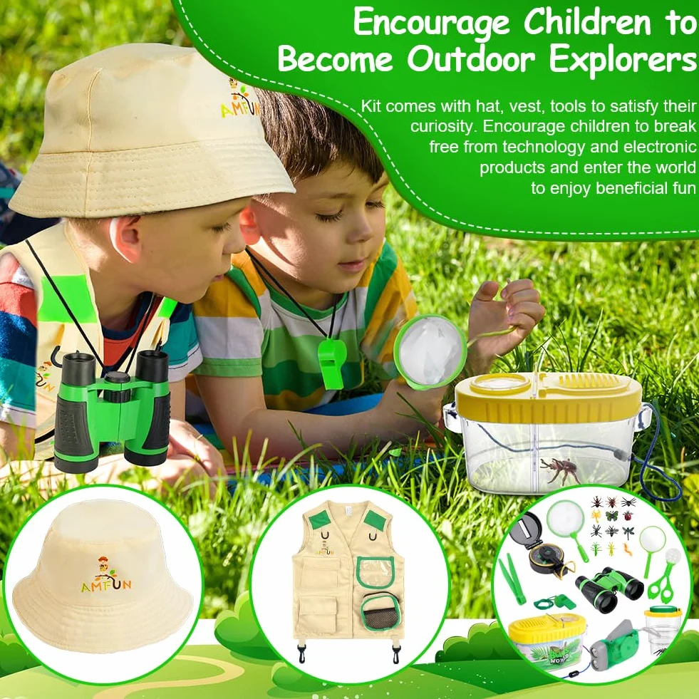 25 Pezzi Kit Esploratore da Esterno per Bambini, Binocolo Giocattolo per Bambini, Torcia, Lente d'Ingrandimento, Zaino