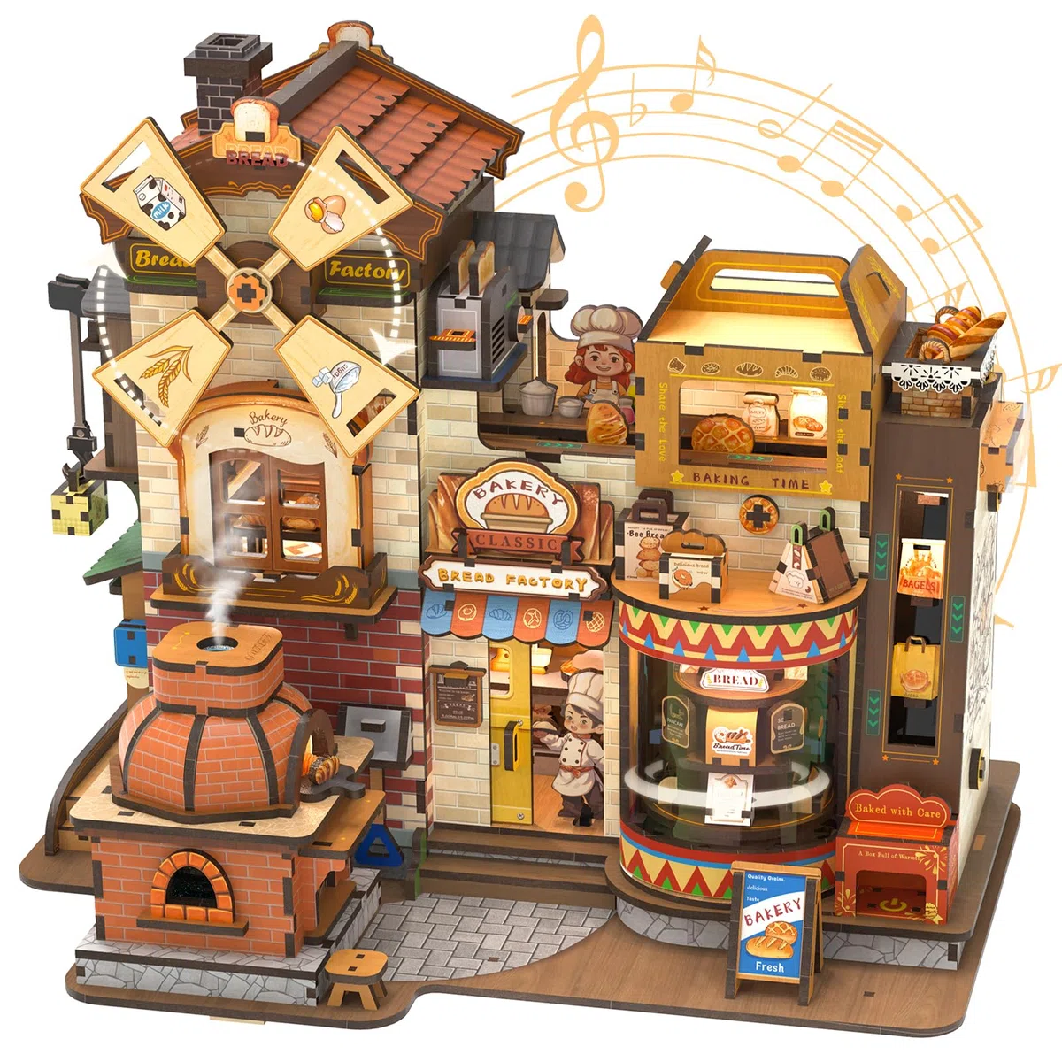 CUTEBEE Puzzle 3D Legno Bread Factory – Modellismo da Costruire Adulti con Luci LED, Musica e Meccanismi Rotanti, Kit 576 pezzi, Miniature da Costruire, Decorazione per Libreria, Regalo Creativo
