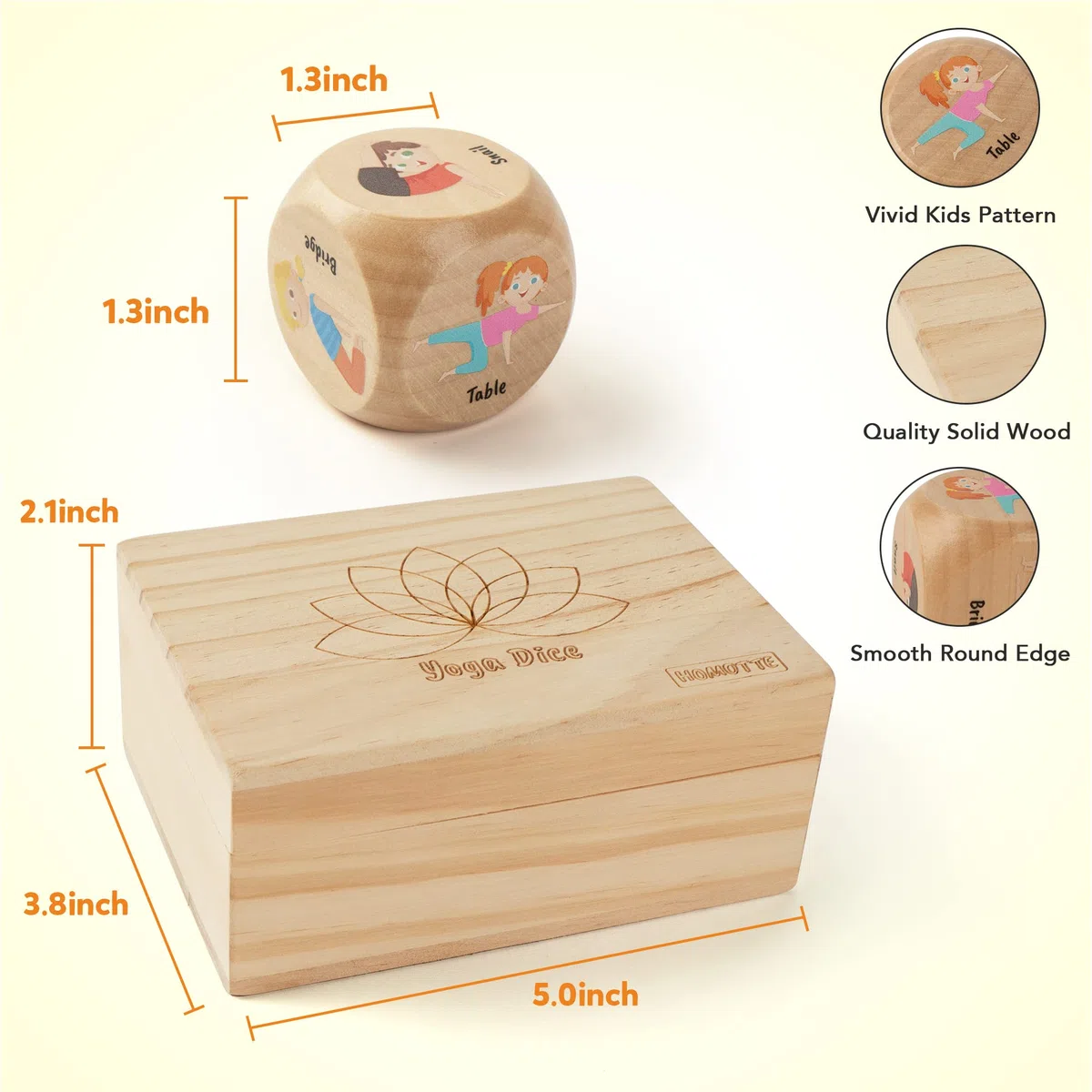 Homotte Set di dadi da yoga in legno per bambini, divertente gioco di allenamento con 6 cubi di esercizio, 12 carte yoga e una scatola, per la festa della mamma, per lo yoga di Natale per ragazze e