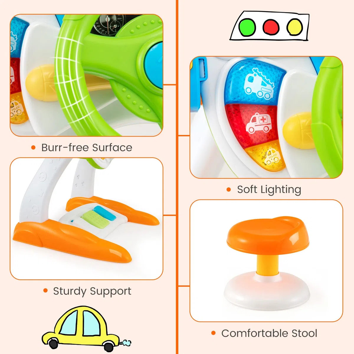 RELAX4LIFE Volante Giocattolo per Bambini, Simulatore di Guida Auto, Effetti di Luce e Suono, Gioco Educativo, Montessori, Regalo per Bambini 3+ Anni