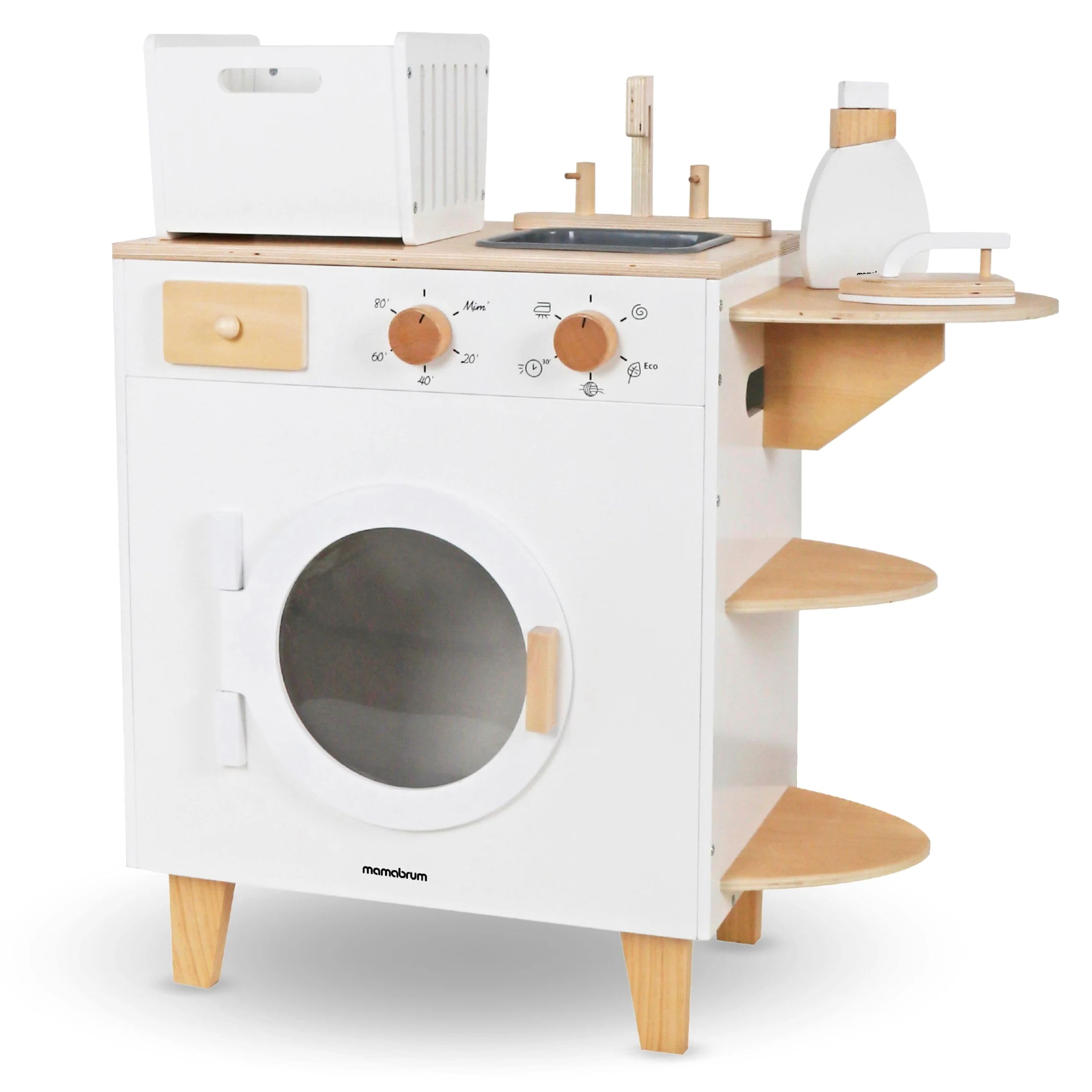 Mamabrum Set Lavatrice in Legno per Bambini 3+ - Giocattolo Educativo e Creativo per Giochi di Ruolo - Include Ferro da Stiro, Cesto Biancheria e Accessori