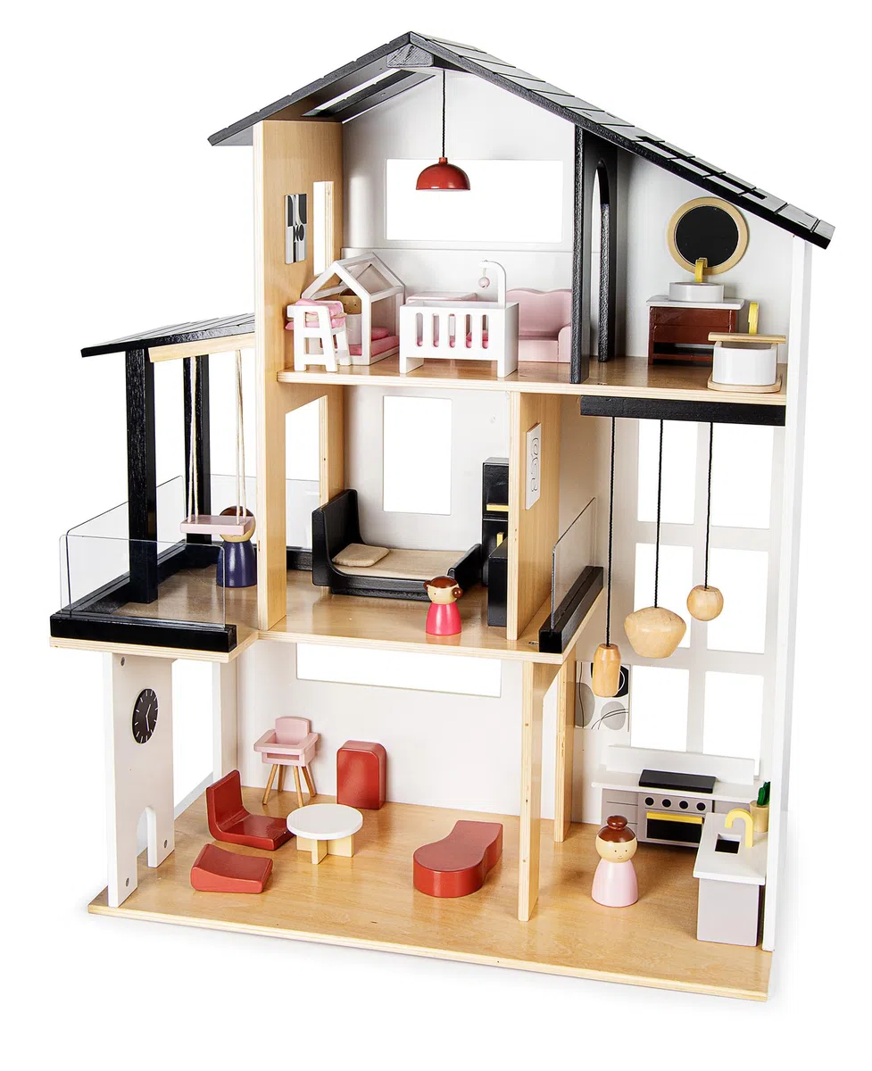 Leomark Appartamento, Moderna Casa delle bambole in legno, in stile LOFT con persiane e terrazza, Con arredamento e tanti accessori, Dimensioni: 80x30x63 cm.