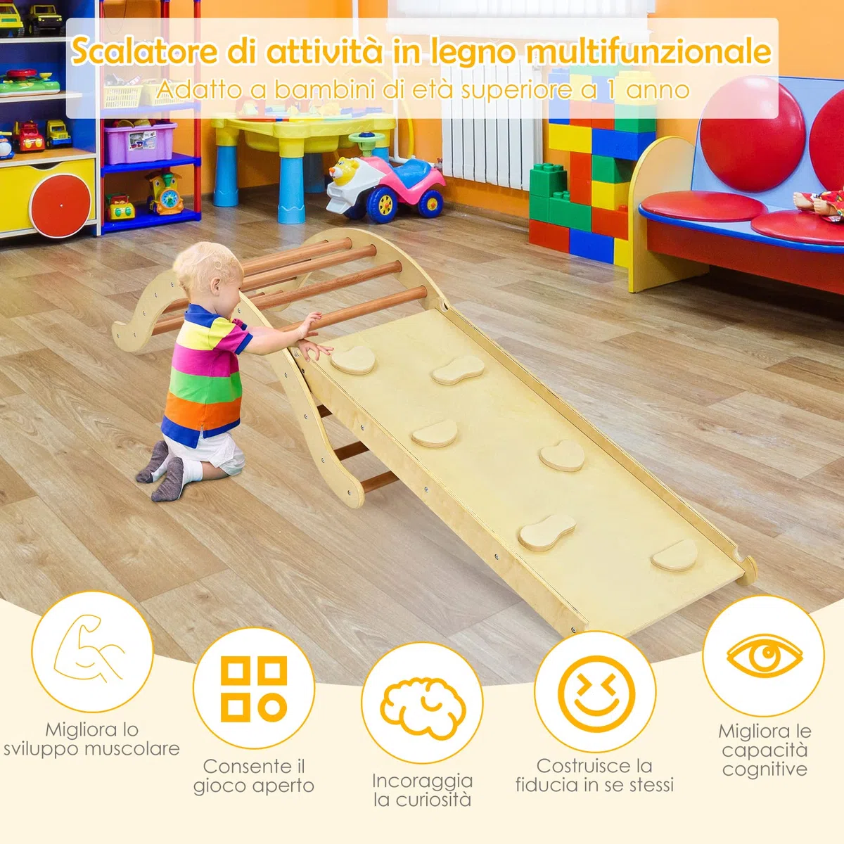 COSTWAY 4 in 1 Set da Arrampicata per Bambini, Scala Giochi Arrampicata con Tappetino, Scala a Volta Versatile per Arrampicarsi e Scivolare, Carico 60 kg (Naturale)