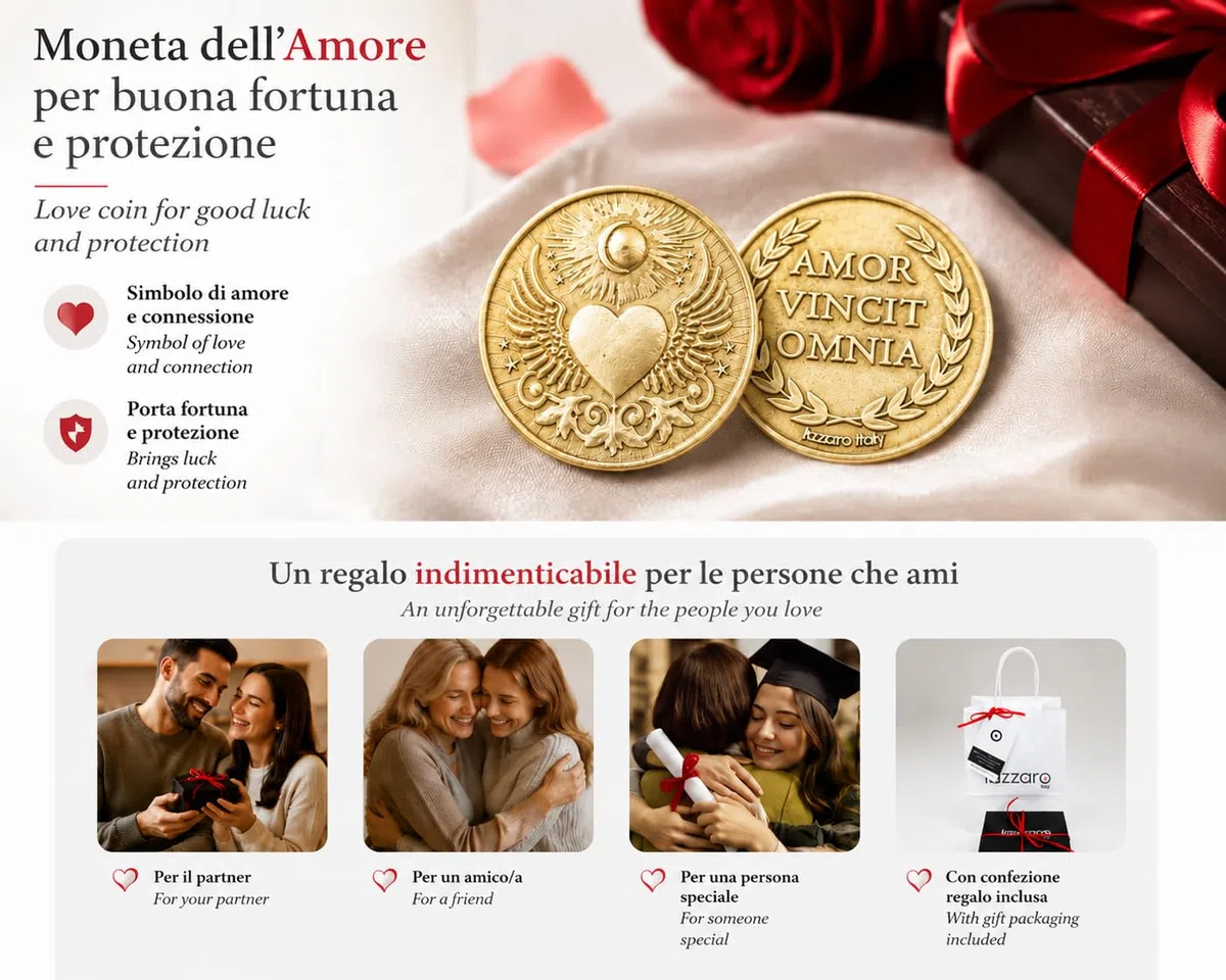 Moneta dell'amore per fortuna e protezione: "Amor vincit omnia" - Idea regalo donna, uomo, mamma, nonni – San Valentino, compleanni, ricorrenze – Metallo placcato oro – Made in Italy