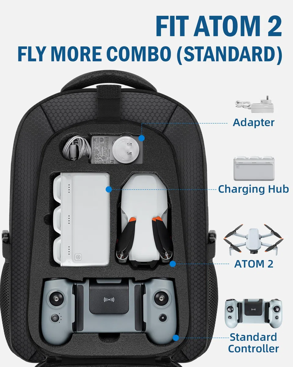 PEKREWS Atom 2 Case, zaino di grande capacità per Potensic Atom 2/SE/3-Axis/LT, borsa espandibile da viaggio per laptop da 15,6 pollici e Fly More Combo, custodia impermeabile per accessori per droni