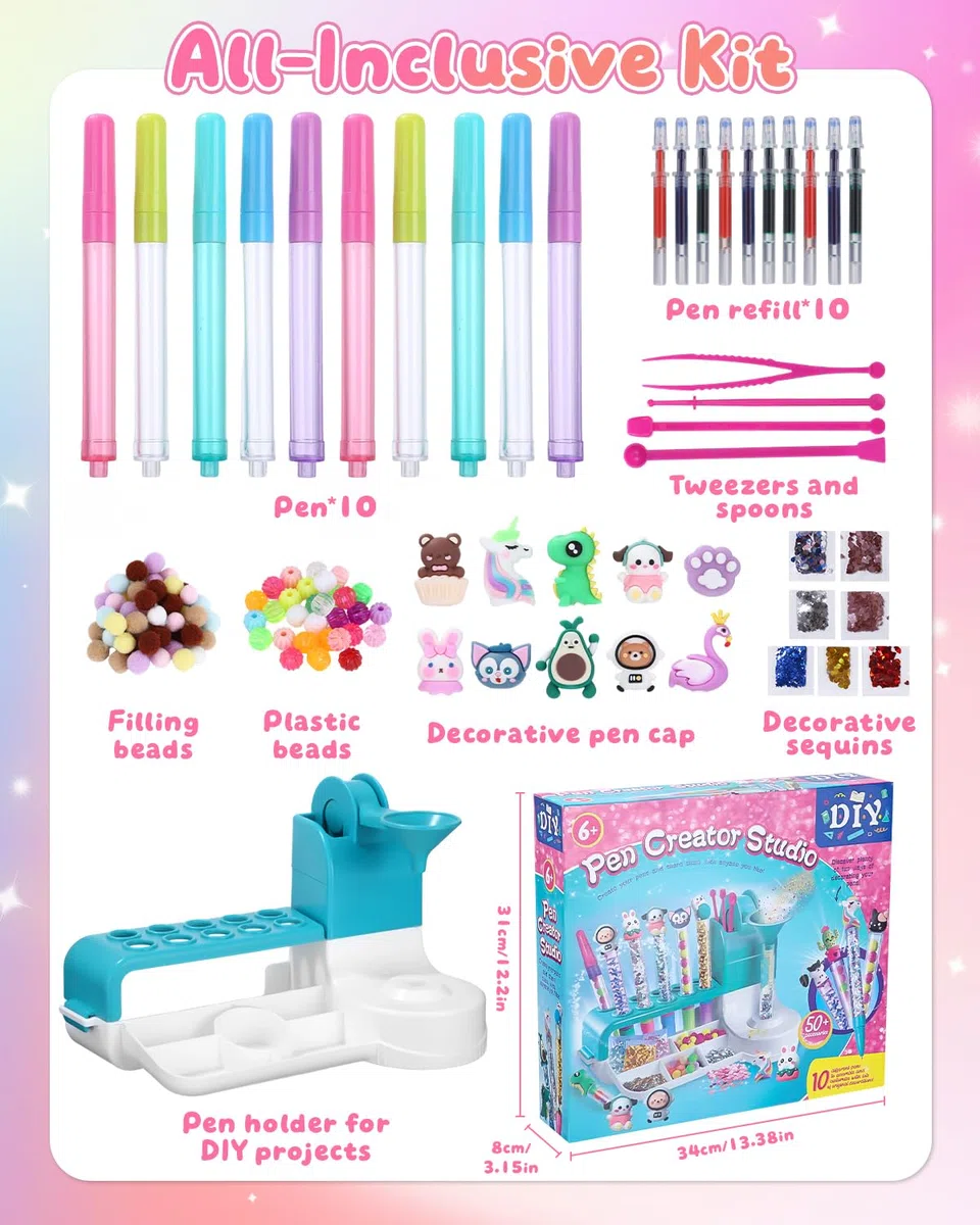 Set di penne fai da te per bambini dai 6 anni in su, con 50 accessori per 10 penne personalizzate (glitter, piume, personaggi), set creativo come regalo per compleanno dei bambini e inizio della