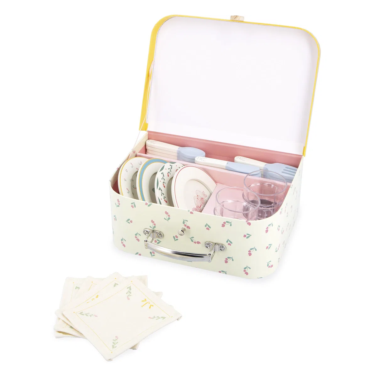 Janod Set da Tavolo in Legno, Kit da Picnic per Bambini, per 4 Persone, 25 Pezzi, Set in Cartone, Accessori da Cucina Ideali per Bambini, Sviluppa l'immaginazione, da 3 Anni, J06637