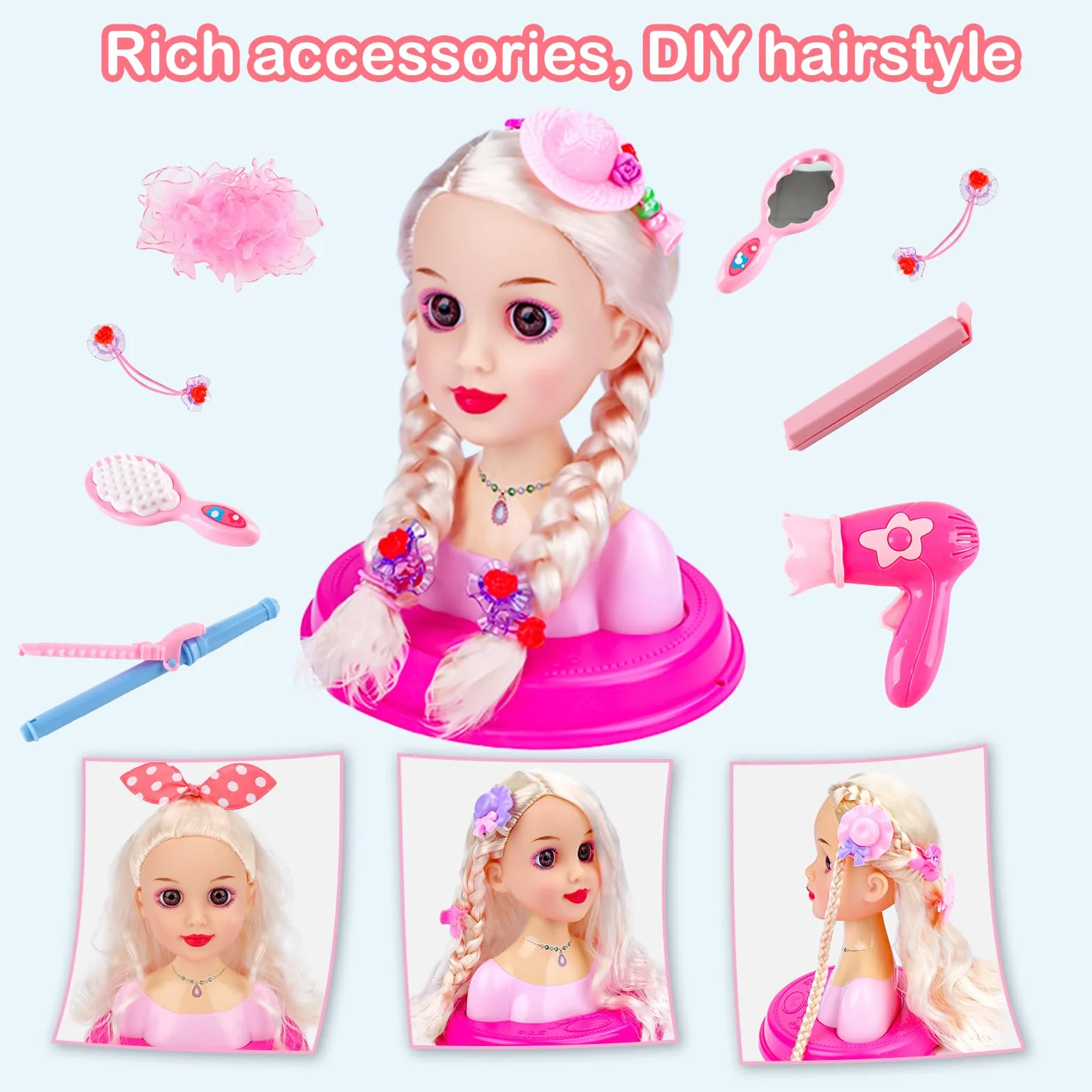 deAO Bambola testa parrucchiere per bambini, testa di bambola styling con asciugacapelli, testa di parrucchiere per bambole da principessa, accessori per capelli e trucchi, giocattolo per ragazze per