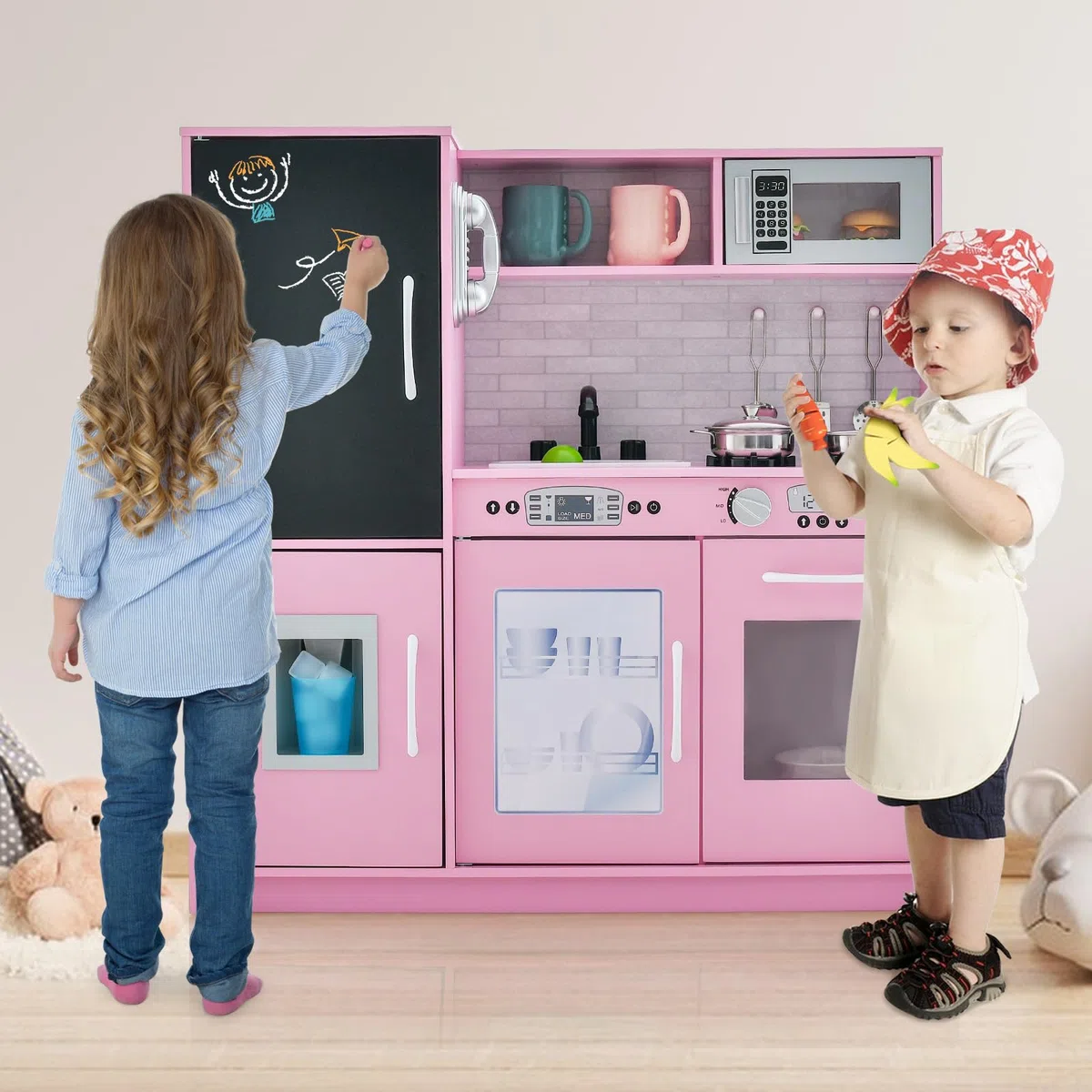 HOMASIS Cucina Giocattolo con 10 Accessori, Cucina in Legno per Bambini con Suoni con Lavagna, Lavello, Fornelli, Macchina del Gelato, Telefono, Cucina per Bambini dai 3 Anni (Rosa)