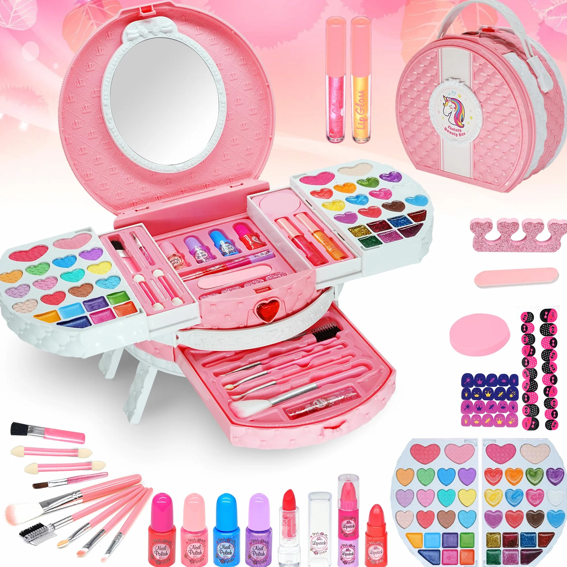 Mrabbitoo Set Trucchi Bambina - 66 pezzi Anallergici Lavabile Valigetta Trucchi Bambina, trousse Trucco Bimba, Giochi Natale Compleanno Regalo Principessa 3 4 5 6 7 8 9 10 11 12 Anni (rosa)