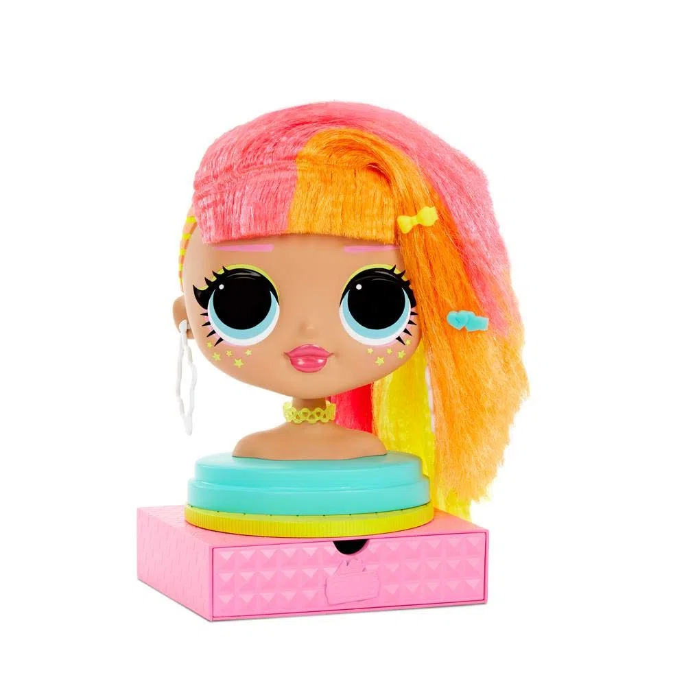 LOL Surprise OMG Testa da Acconciare con Capelli Adesivi per Stili Infiniti, 30 Sorprese e Accessori, Neonlicious