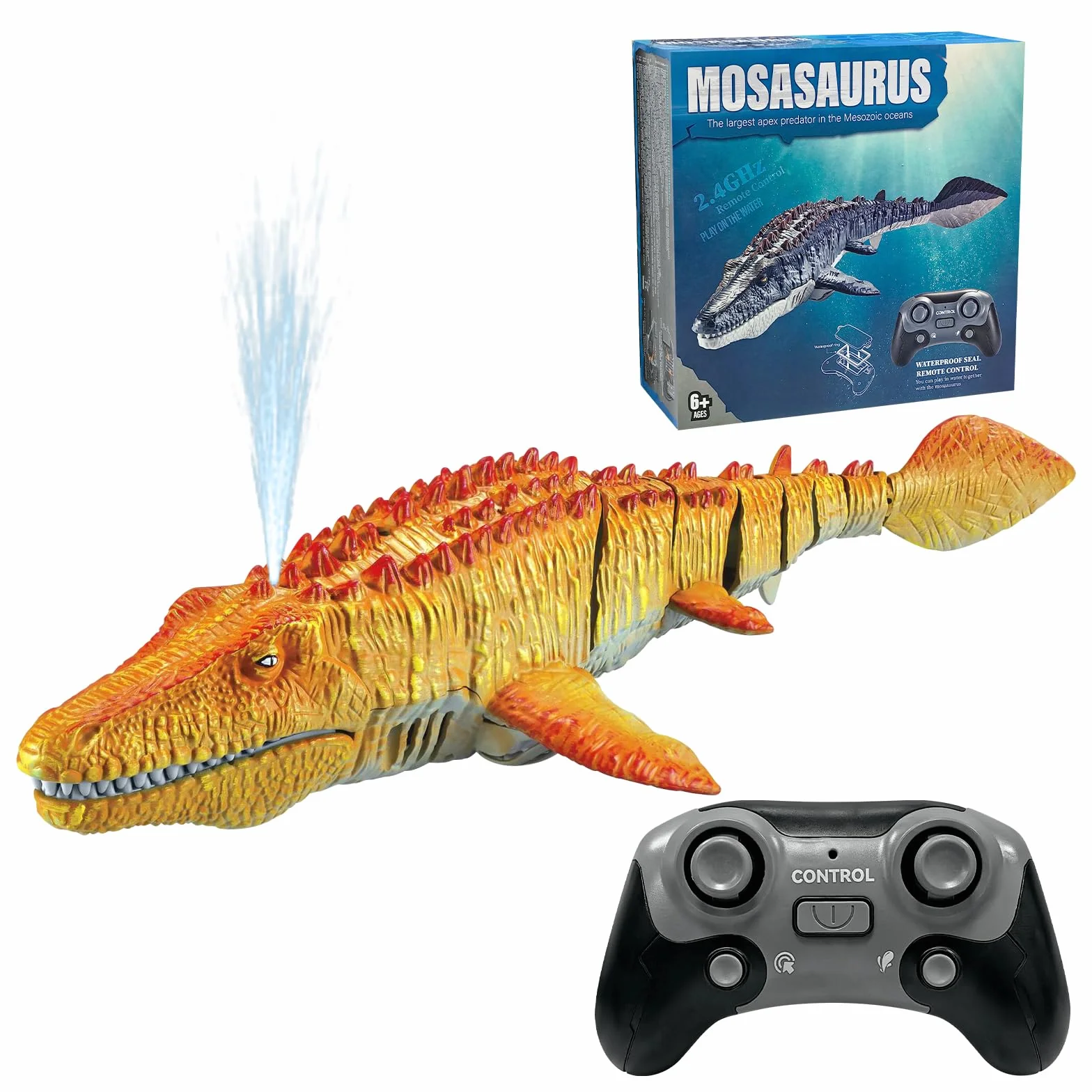 Giocattoli Mosasaurus Telecomandati per Bambini, Barca Elettrica per Dinosauri RC con Acqua Spruzzata e Luce per Il Bagno del Lago della Piscina, Giocattoli da Bagno (Giallo)