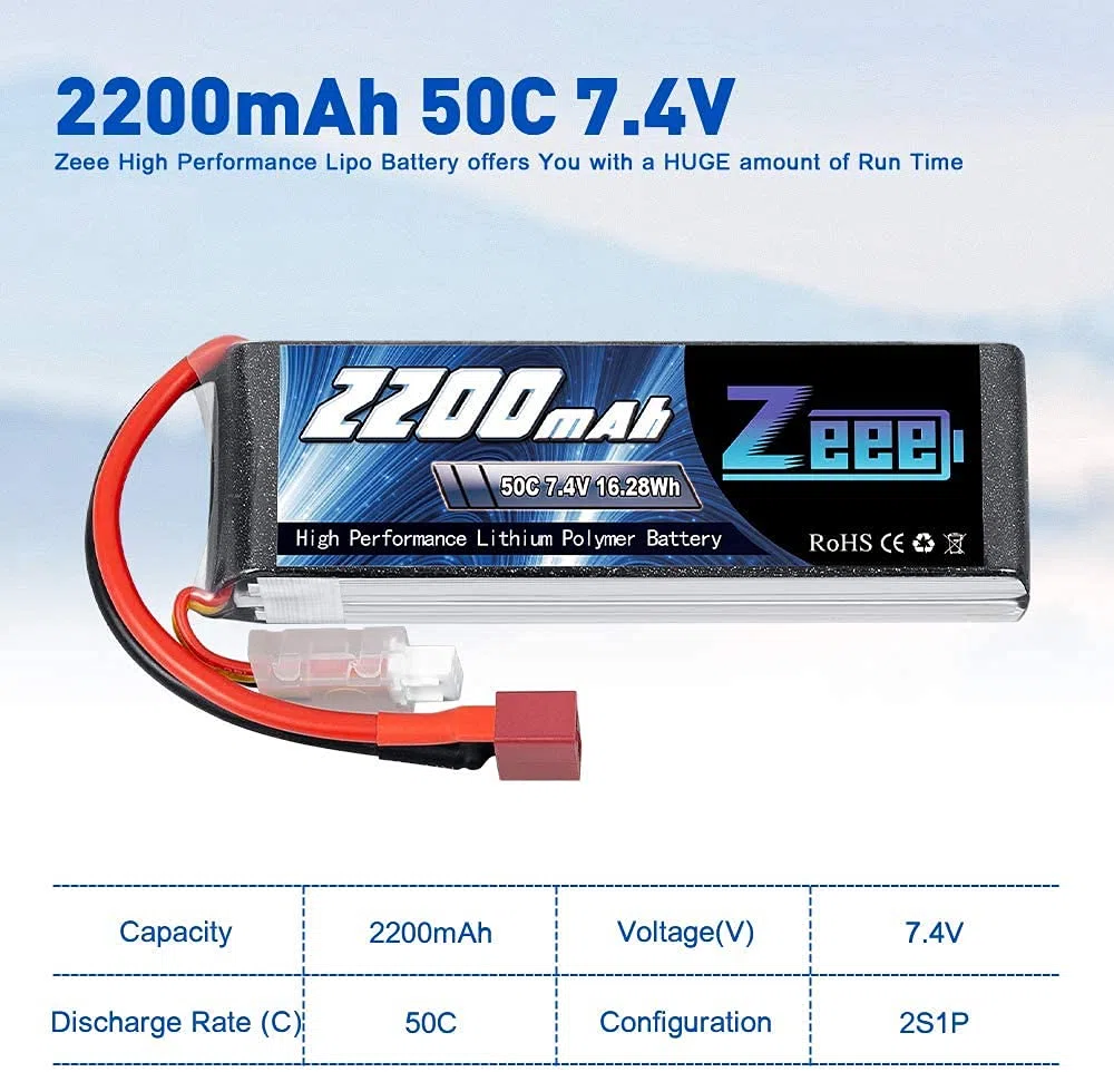 Zeee 2S Lipo 7,4V 50C 2200mAh Batteria RC con Connectore Deans T Spina per FPV Racing UAV Drone Veicolo a quattro assi elicottero RC Nave Veicolo Modells (2 pezzi)