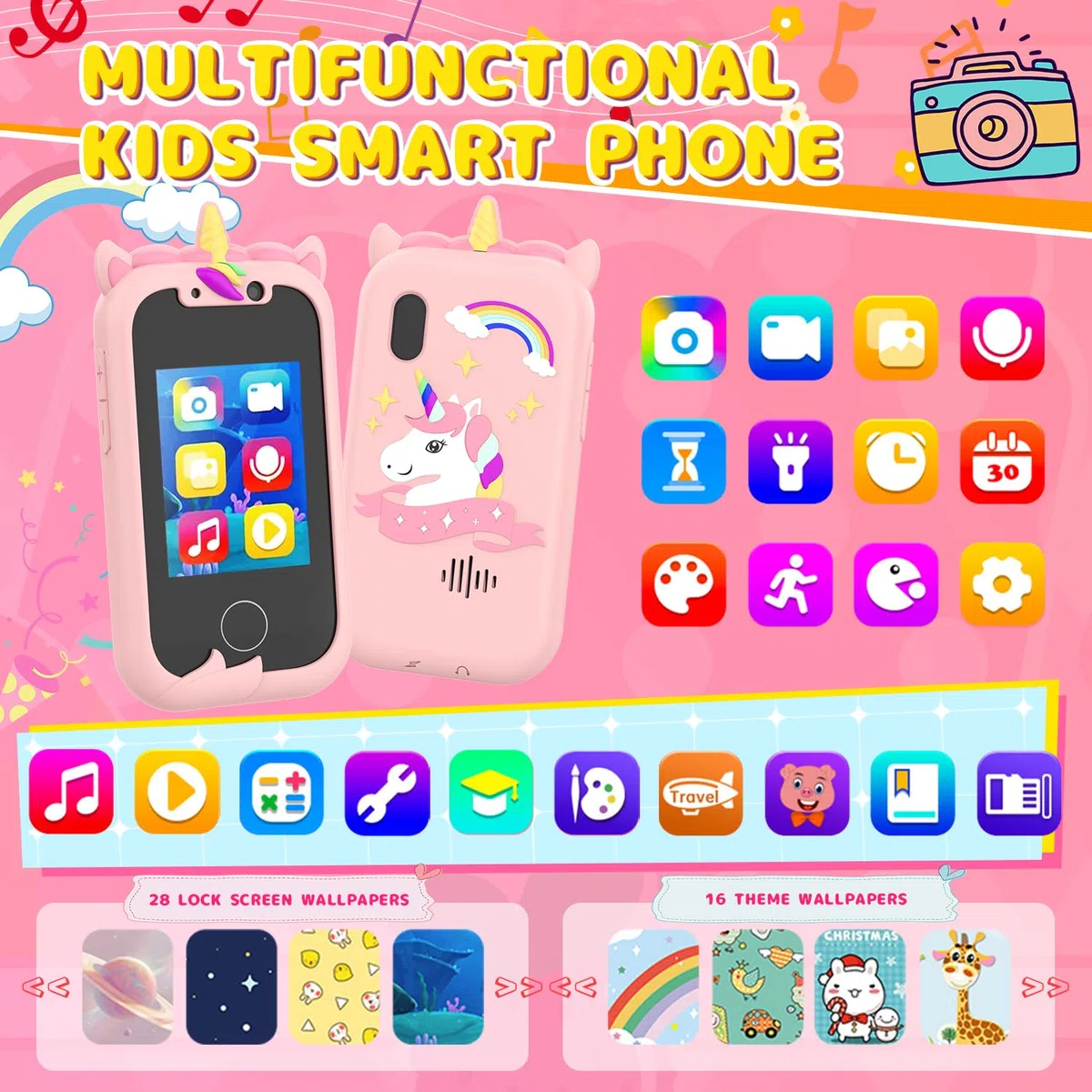 Ashfly Telefono Giocattolo per Bambini - Smartphone Per Bambini, Cellulare per Ragazze, Regalo Giocattoli per Bambina 3 4 5 6 7 8 9 10 anni Compleanno Natale, 2,4" Cellulare Giocattolo Educativo