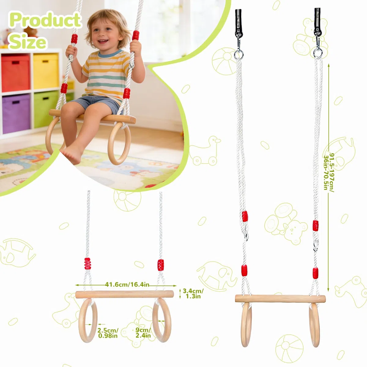 Altalena a Trapezio in Legno, Multifunzionale 2 in 1 Altalena da Giardino per da Interno e da Esterno Capacità di Carico Massima 100 kg Lunghezza Della Fune Regolabile