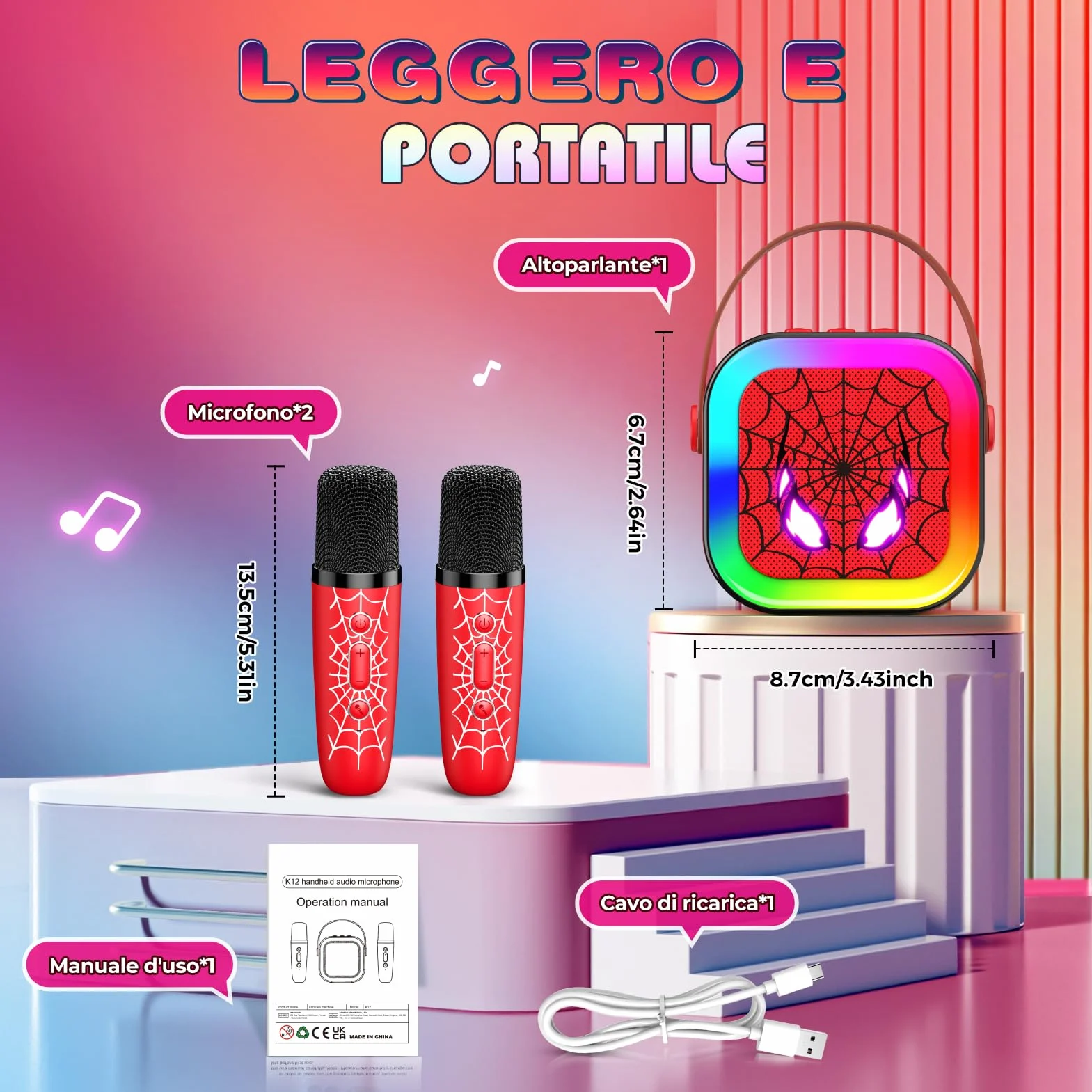 Braxel Set Microfono Karaoke per Bambini con 2 Microfoni Bluetooth Luci e Suoni Giocattolo Musicale 3+ Anni