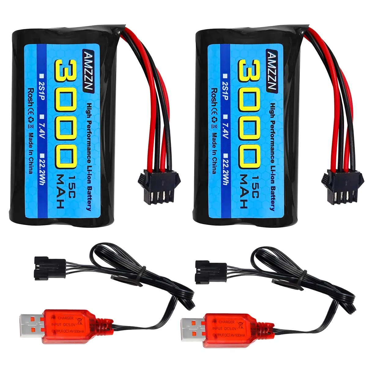 2PCS 7.4V 3000mah 15C 2S SM-4P spina Li ion batteria con caricabatterie USB per EC08 DE85 RC auto,Camion RC nave telecomando drone ingegneria veicolo batteria di riserva