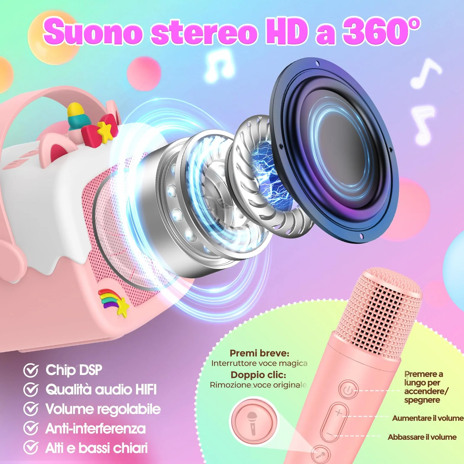 Karaoke dla Dzieci Unicorno Mikrofon Magiczny Prezent dla Dziewczynki 3-12 Lat