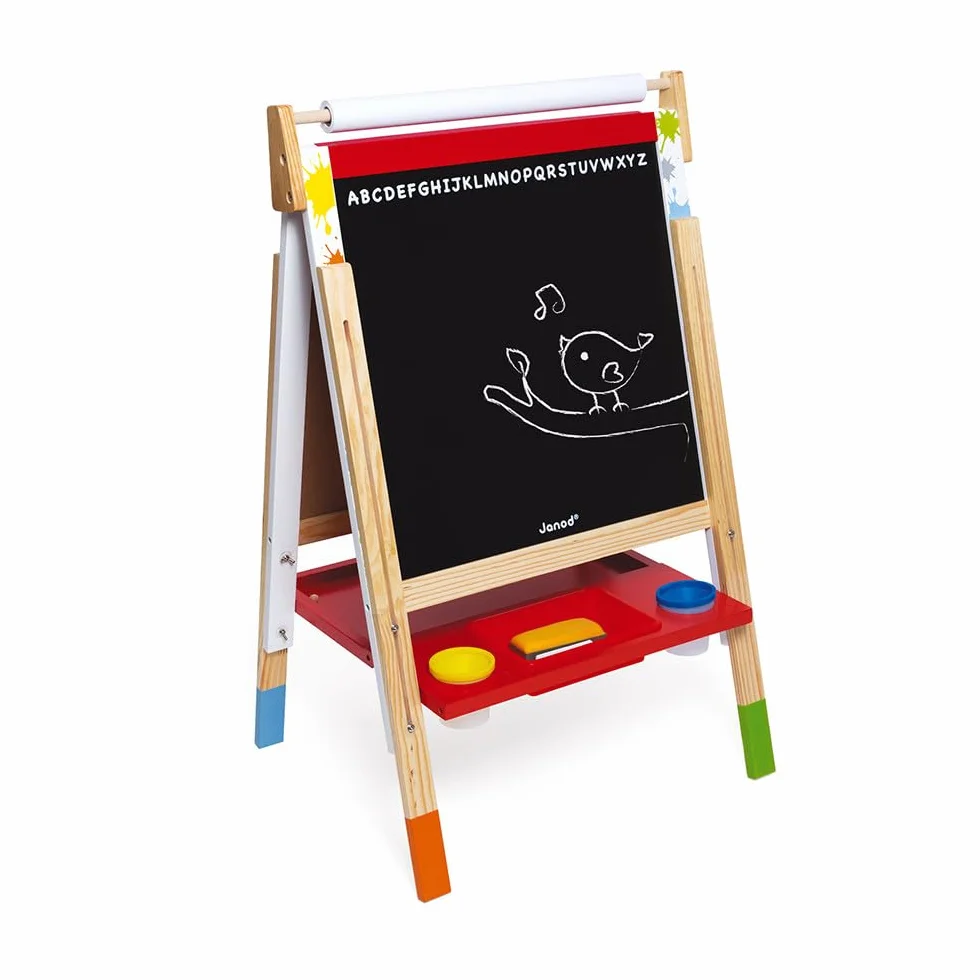 Janod-Due Facce Splash Lavagna per Bambini in Legno Evolutiva Magnetica Bianca Regolabile in Altezza con Ardesia per Gesso, 13 Accessori Inclusi, A partire da 3 Anni, J09611