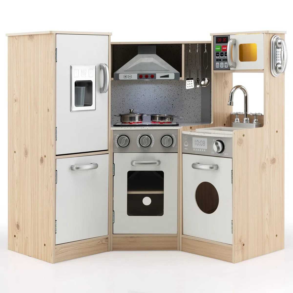 COSTWAY Cucina Giocattolo Legno per Bambini con Macchina del Ghiaccio, Telefono, Lavatrice, Forno, Microonde, Lavello e Rubinetto, Funzione Luci e Suoni, 3+ Anni