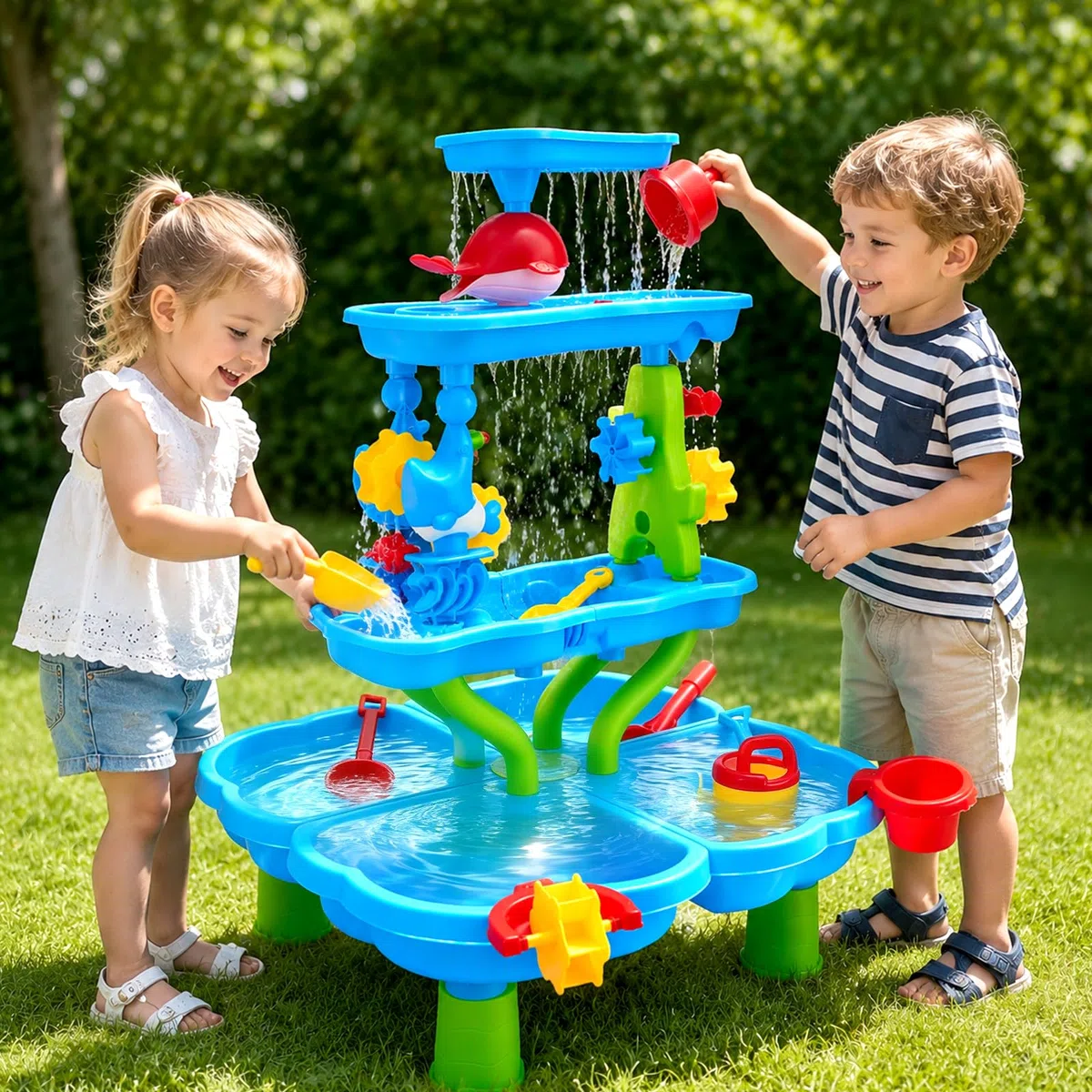4 Livelli Tavolo Acqua e Sabbia per Bambini ,4 In 1 Tavolo D'acqua Bambini All'aperto con Accessori da Spiaggia(Stampo per Sabbia,Paletta,Annaffiatoio) per Spiaggia,Giardino e All'aperto,per 3+ Anni