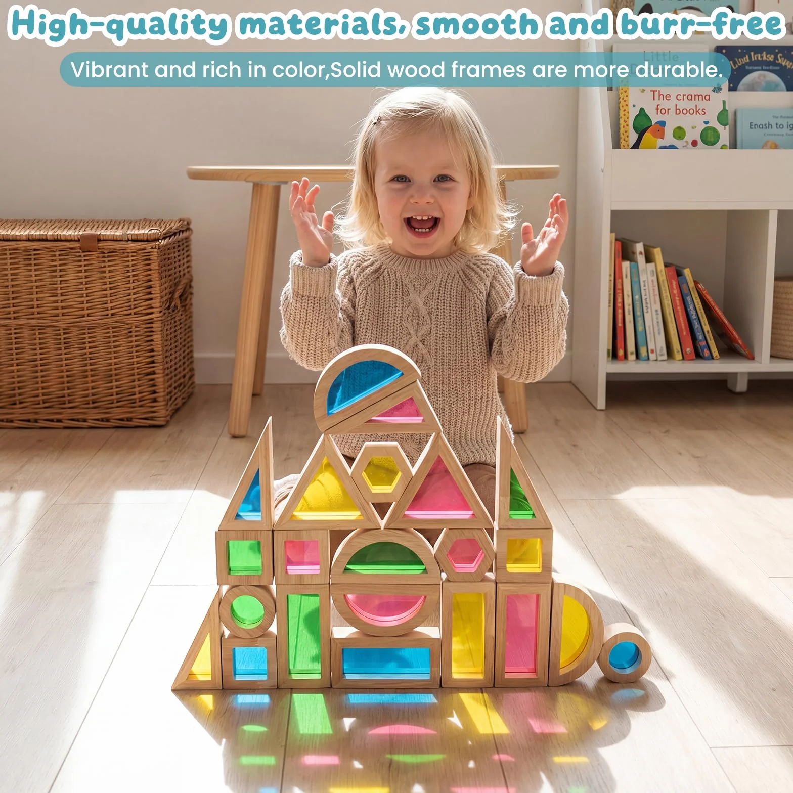 WOODENFUN Montessori, 32 blocchi di luce in acrilico arcobaleno, per bambini, in legno di gomma, trasparenti, arcobaleno, acrilico (22 pezzi)