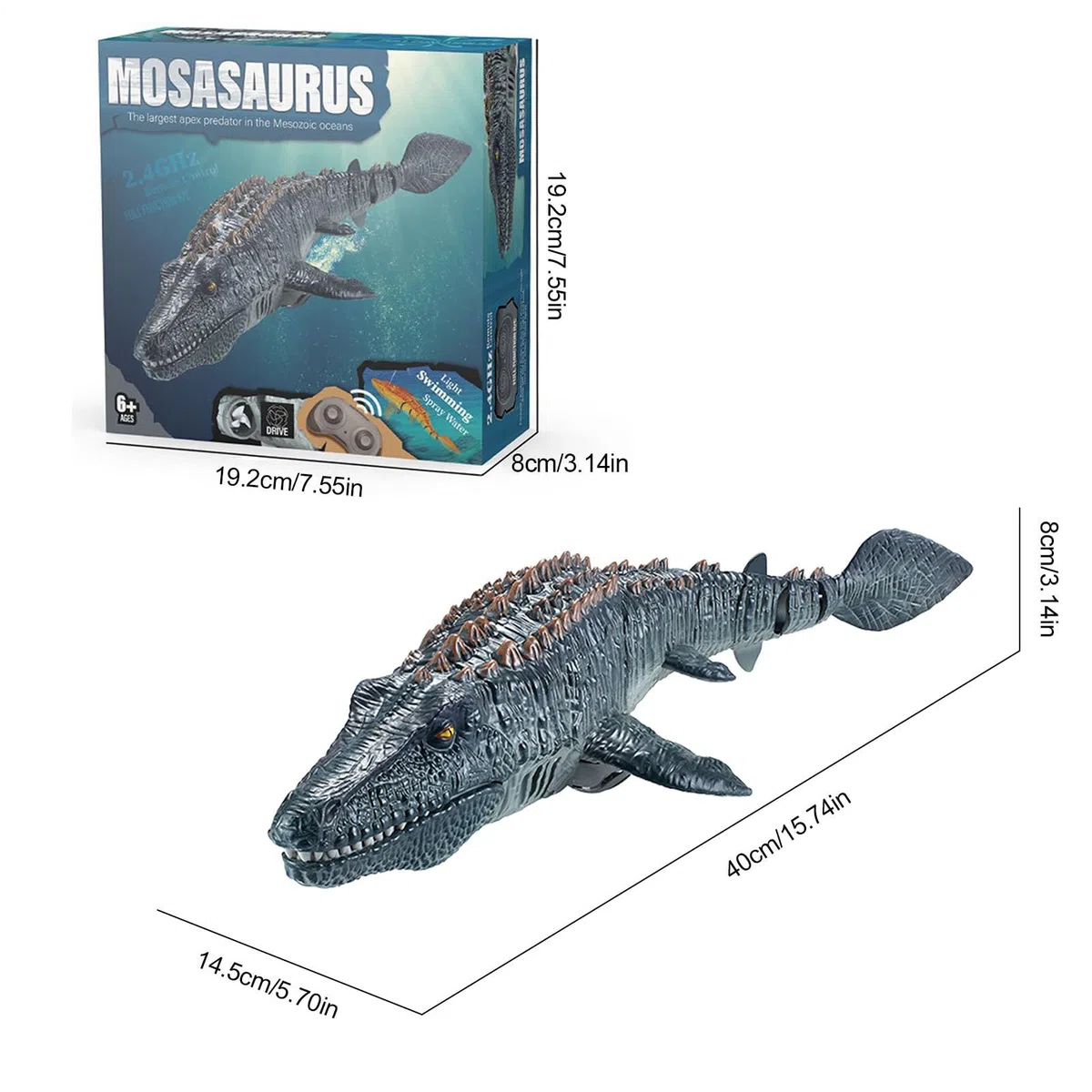 Mosasaurus - Dinosaurus Nuoto Rc, Design telecomandato, funzione di spruzzatura della luce, struttura impermeabile, gioco da bagno, avventura in piscina | Giocattolo animale acquatico per enf