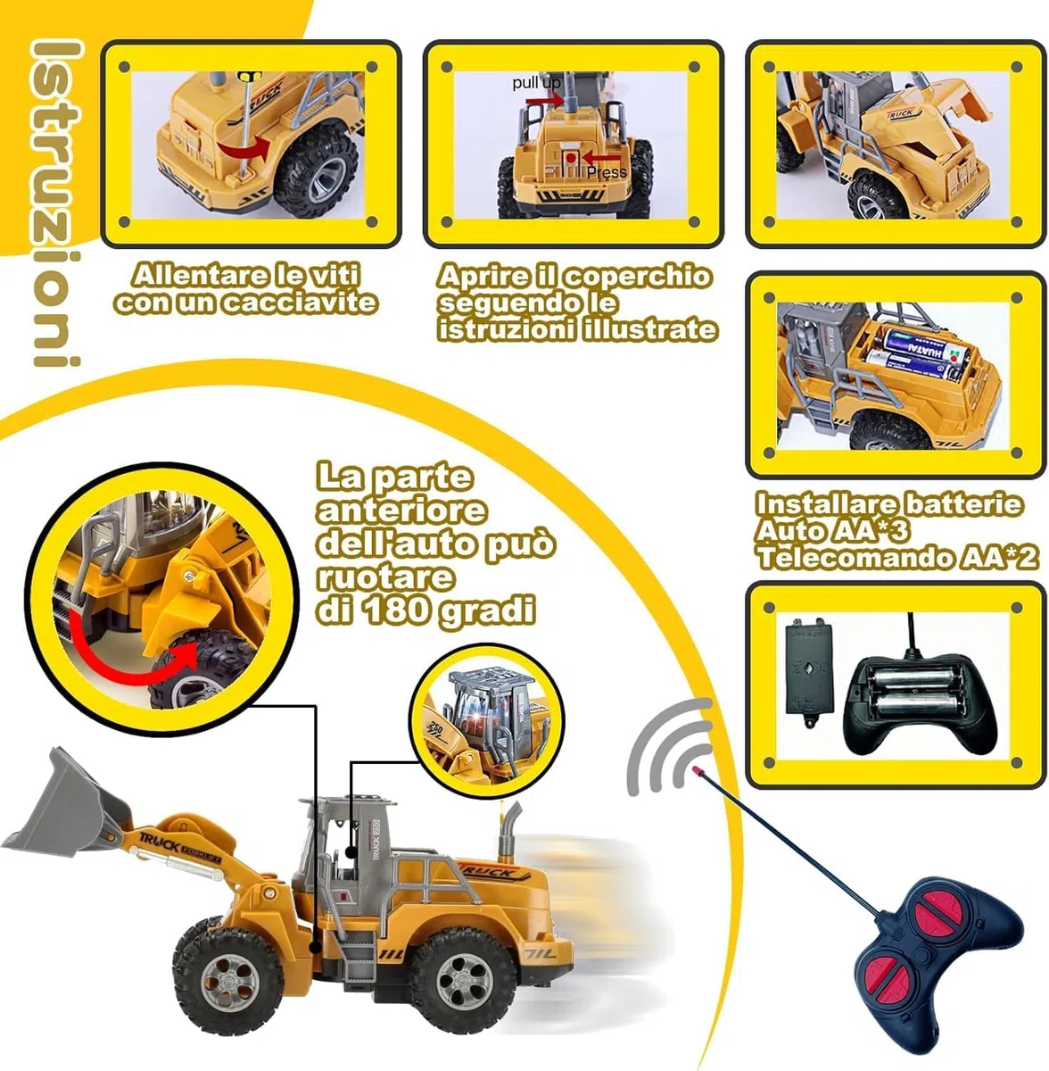 Ruspa Escavatore Giocattolo Radiocomandato RC con Luci LED Mezzi Cantiere Telecomandati Bambini Bulldozer Trattore Scavatrice Ruspa Radiocomandata Mezzi Lavoro Martello Pneumatico Porta Tronchi (B)
