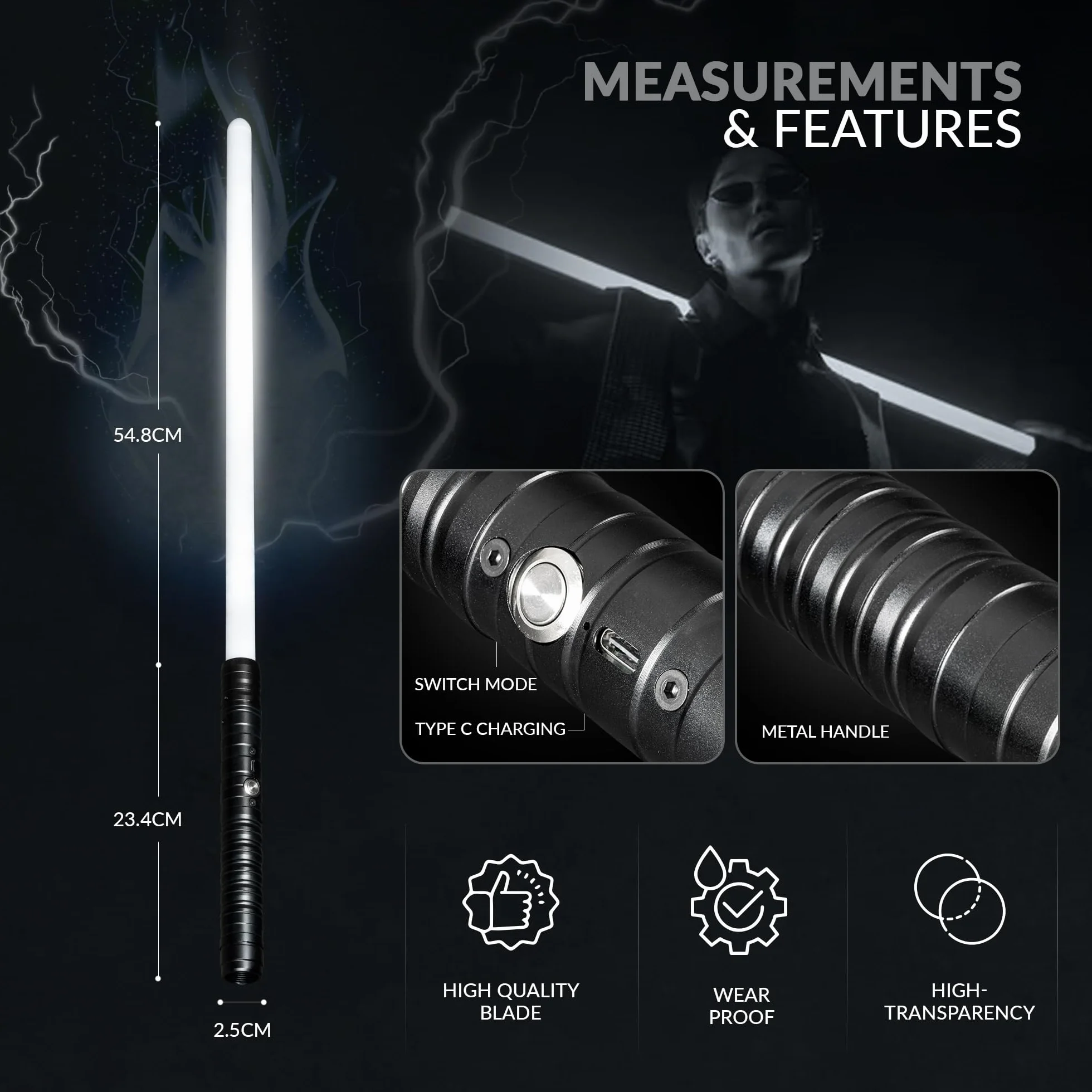 Spada Laser con Impugnatura in Metallo | Set di 2 Spade Laser Ricaricabili | Spada Laser da Combattimento con 15 Colori ed Effetti Sonori | Lightsaber a Doppia Lama (Nero)