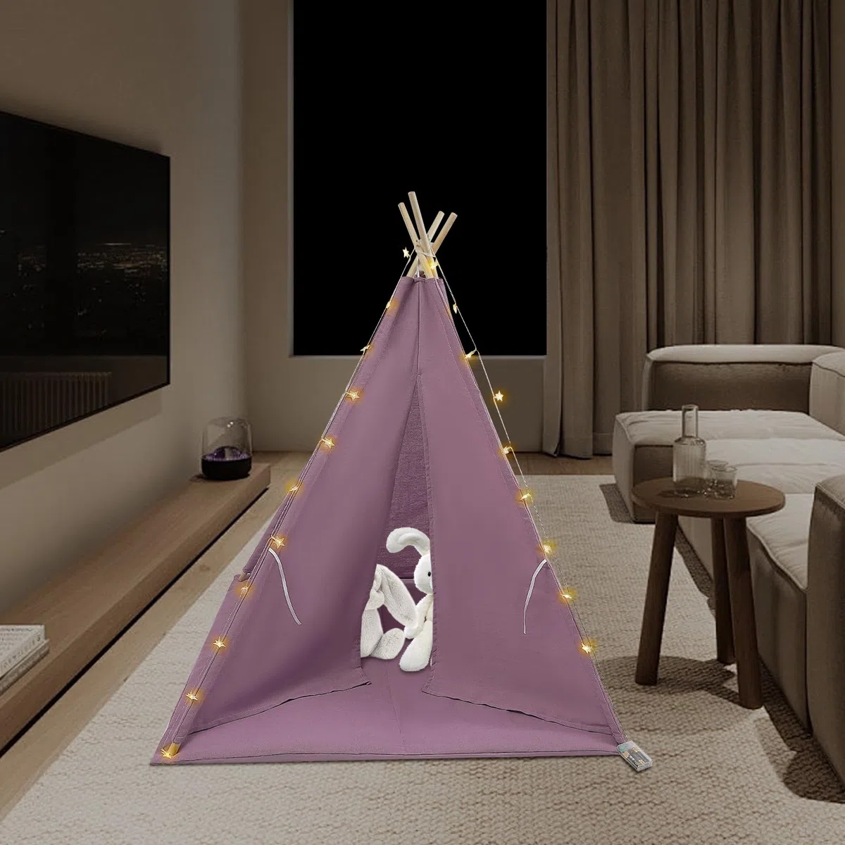 Tenda per Bambini 120x120x140cm con Luce, Tipi per Ragazza 1,6m in Cotone Lino per Camera, Giardino, Spiaggia, Casetta da Gioco per Interno ed Esterno con Tappeto, Ghirlanda 3m