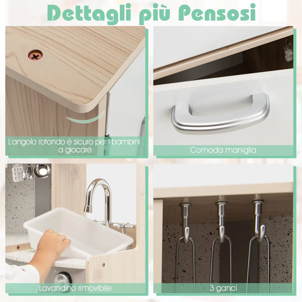 COSTWAY Cucina Giocattolo Legno per Bambini con Macchina del Ghiaccio, Telefono, Lavatrice, Forno, Microonde, Lavello e Rubinetto, Funzione Luci e Suoni, 3+ Anni