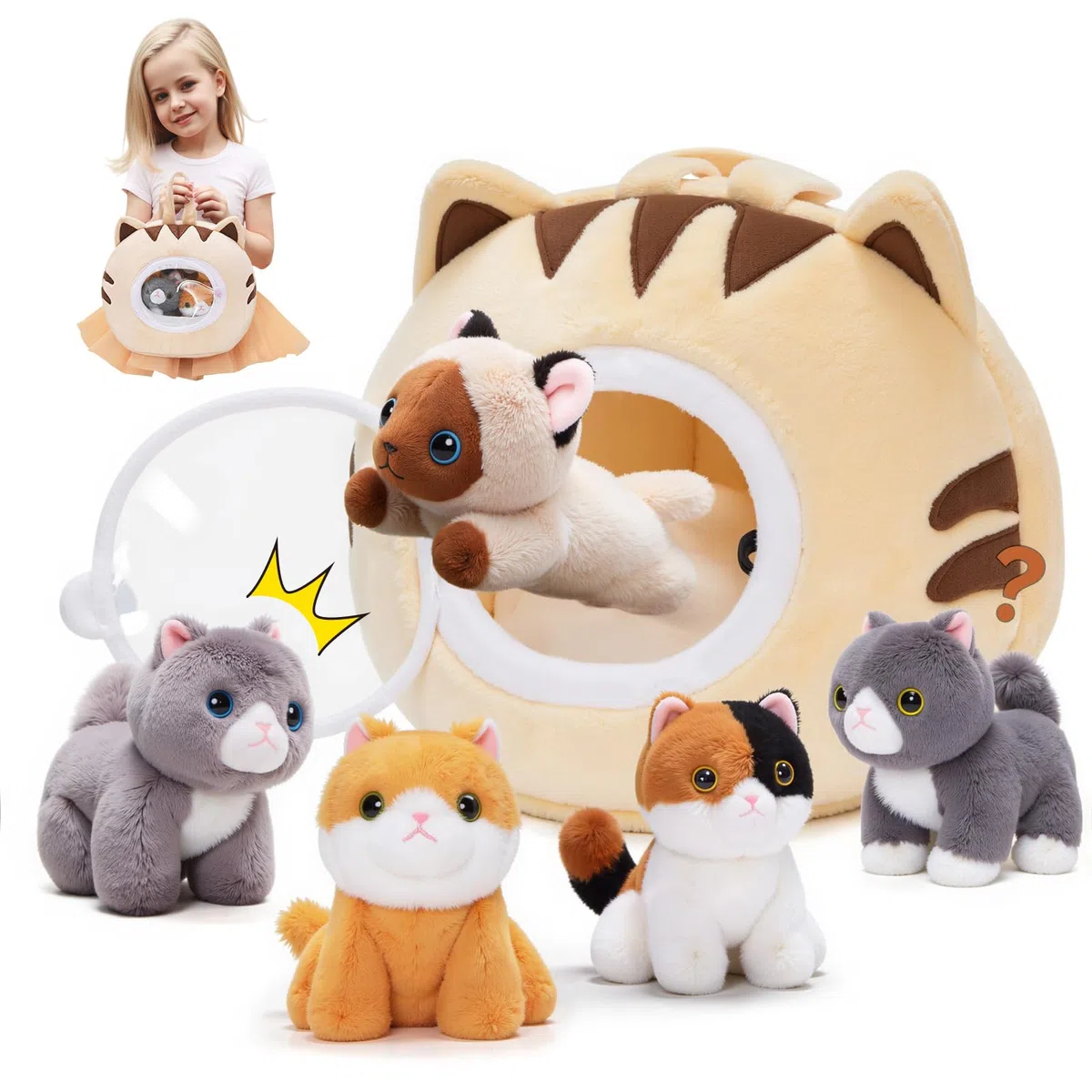 OUOZZZ Set di Peluche Gatto – 5 Gattini Morbidi con Cuccia in Peluche – Giocattolo Ideale per Bambini