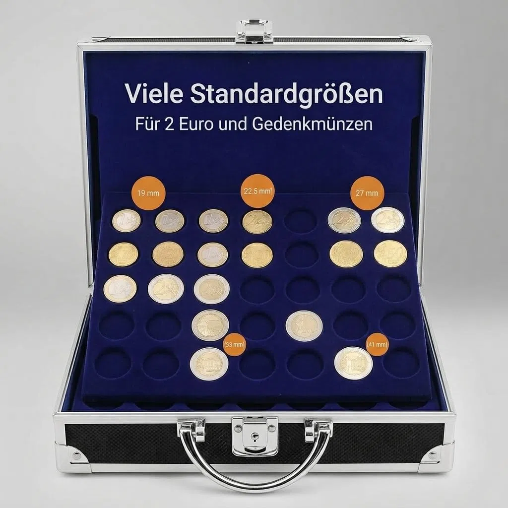 SAFE 9801 Valigia porta monete collezione in alluminio | con 6 vassoi per 200 monete di diverse dimensioni | Per 2 euro commemorativi, monete euro da collezione