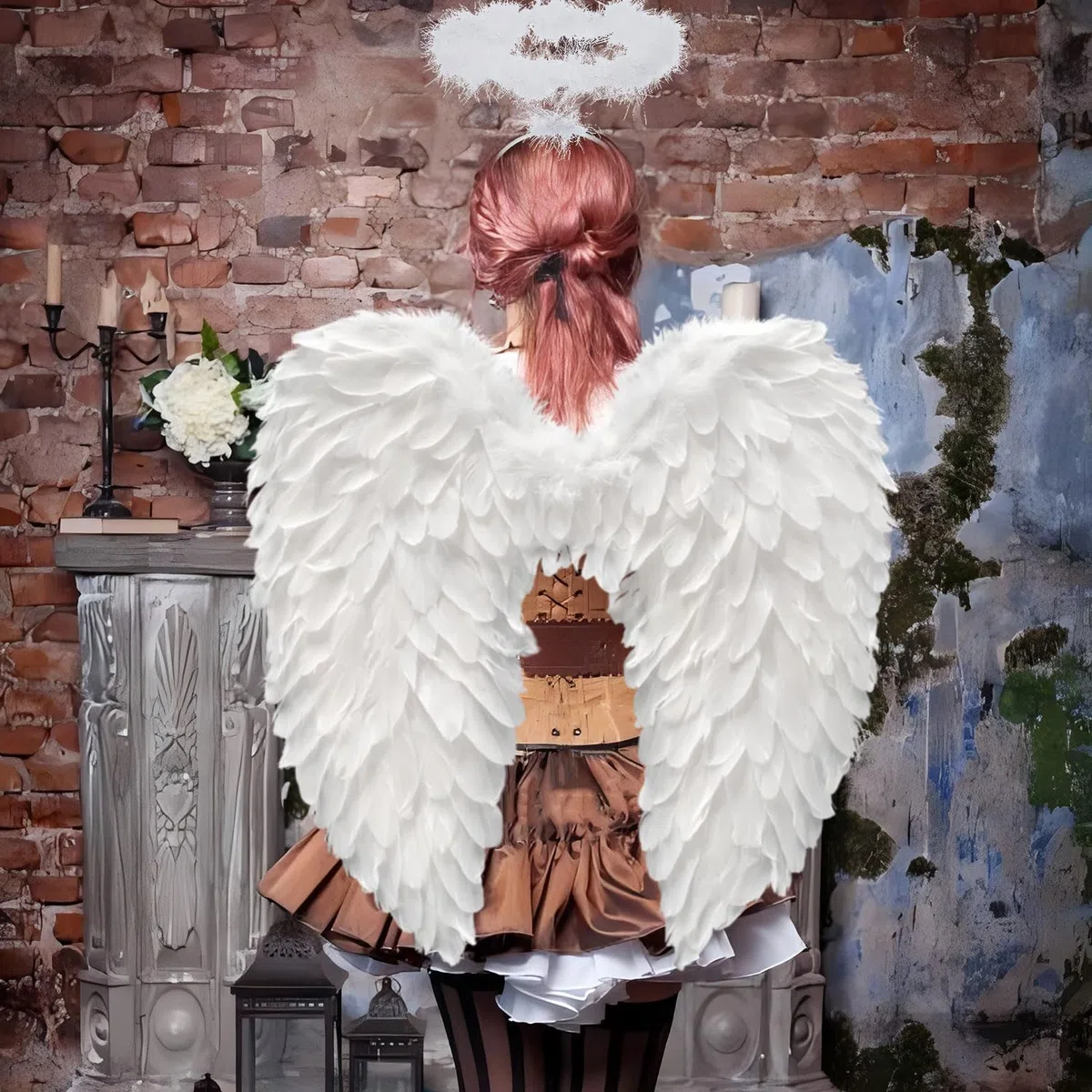 60 cm, ali d'angelo bianche con alone, ali d'angelo, angelo di piuma, ali d'angelo, per donne e ragazze, costume per feste di carnevale, travestimento
