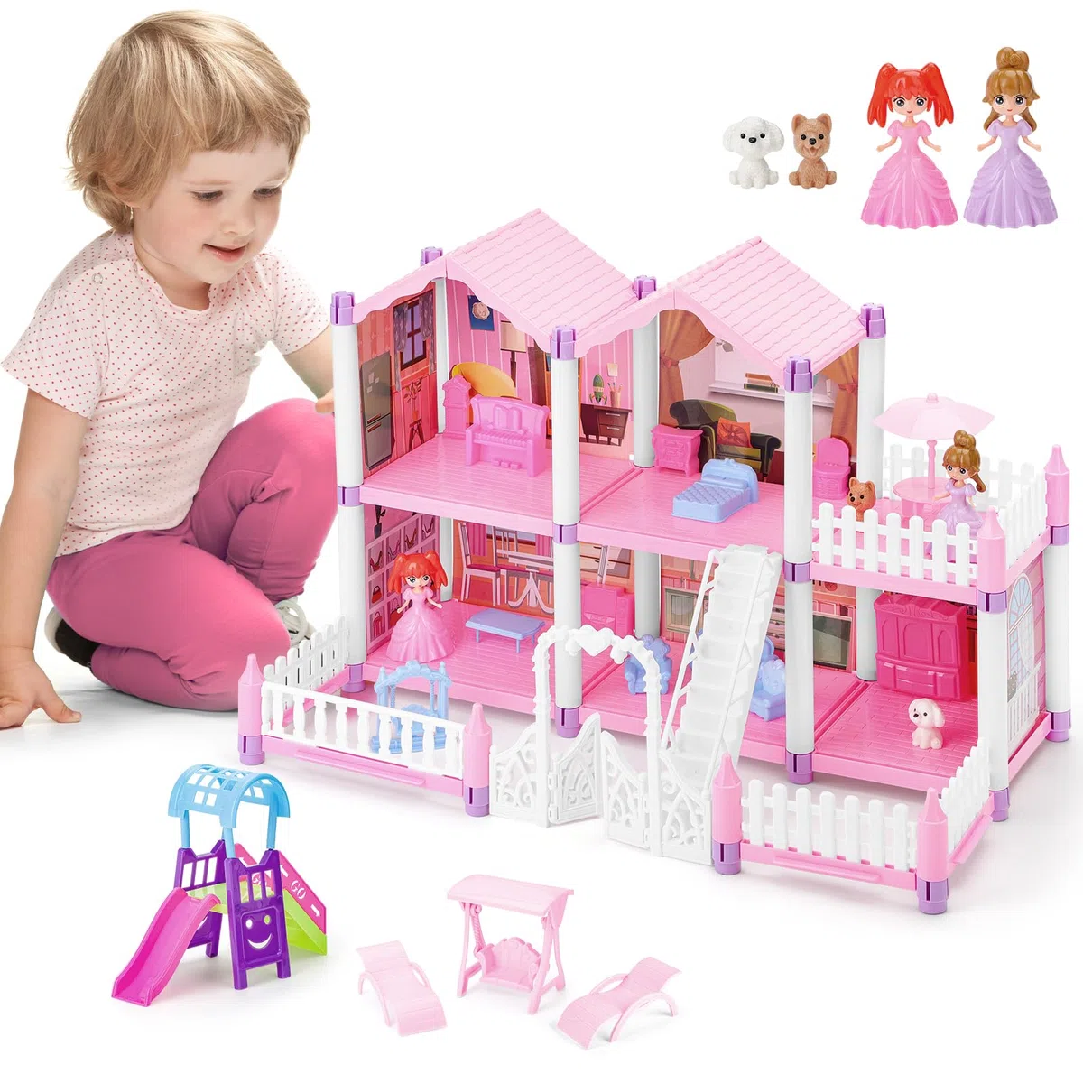 deAO Casa delle Bambole Piccola con 2 Bambole, Mobili e Accessori, Villa dei Sogni con 5 Stanze, 1 Terrazza e Giardino, Gioco Creativo per Bambine 3-8 Anni, Rosa