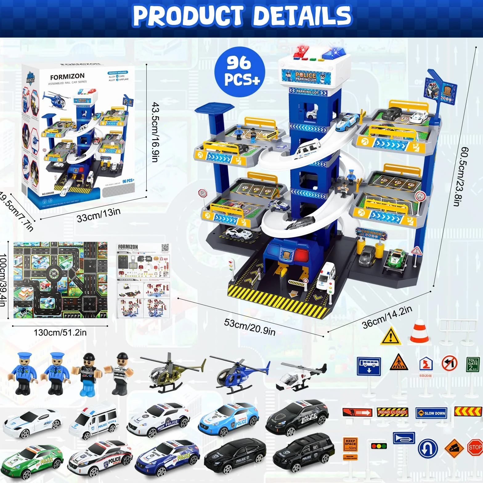 FORMIZON 5 Piani Parcheggio per Bambini dai 3 Ann, Parcheggio Macchinine con Garage, Ascensore, Rampe, Effetti Sonori e Luminosi, Garage Mmacchine per Bambini con 8 Autos e 3 Elicottero (Blu)