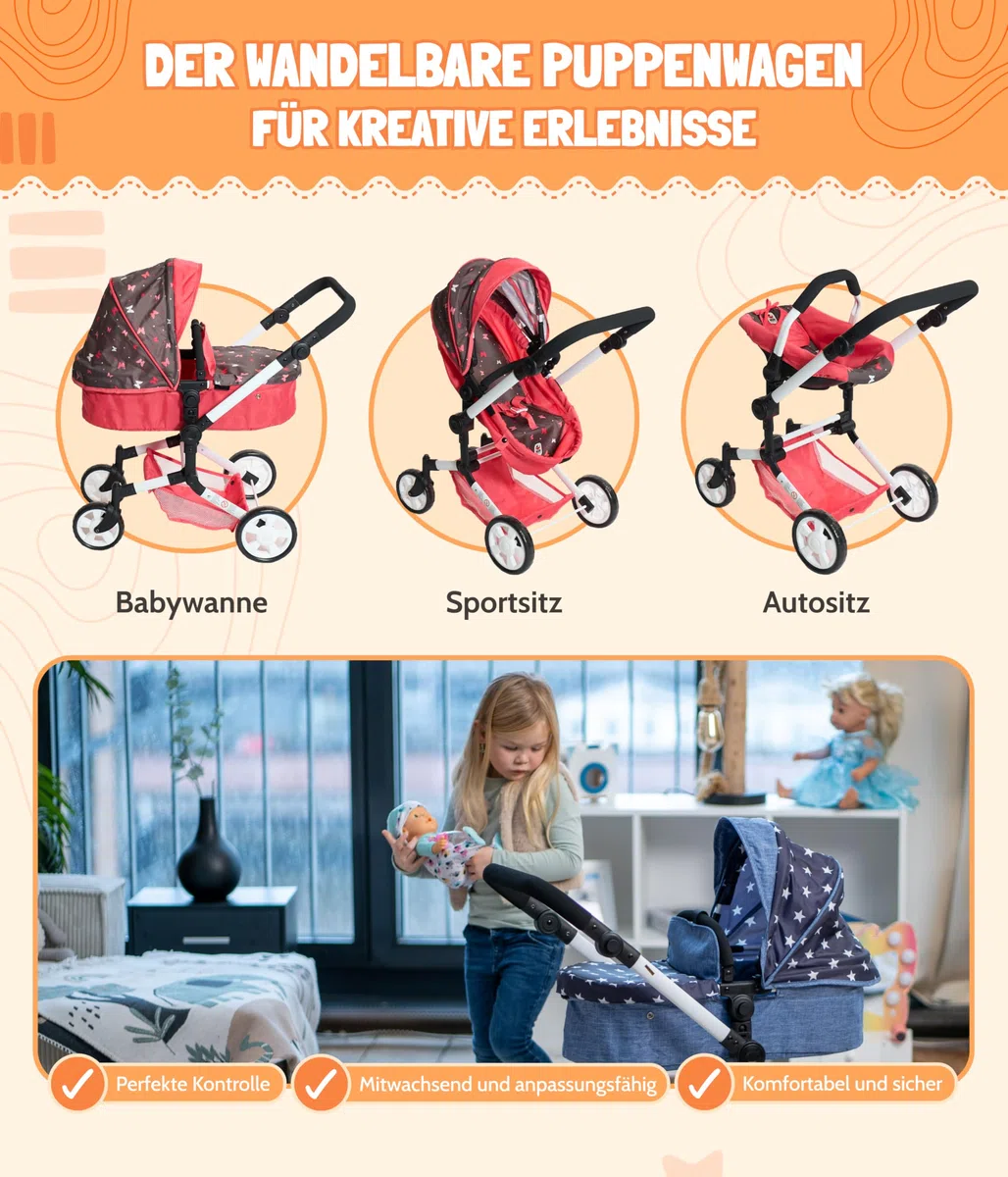 Bayer Chic 2000 Passeggino combinato 3 in 1 Linus – Butterfly Corallo – pieghevole, manico regolabile in altezza 47 – 78 cm, con seggiolino auto – Bambole fino a 52 cm, 4 – 8 J