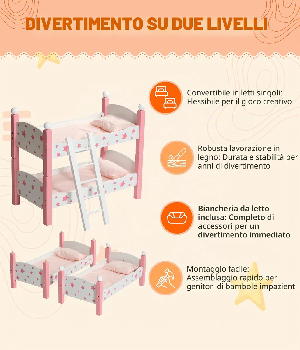 Bayer Chic 2000 - Letto a Castello per Bambole Fino a 48 cm, per Bambole, mobili per Bambole, Stelle Rosa, Piccolo