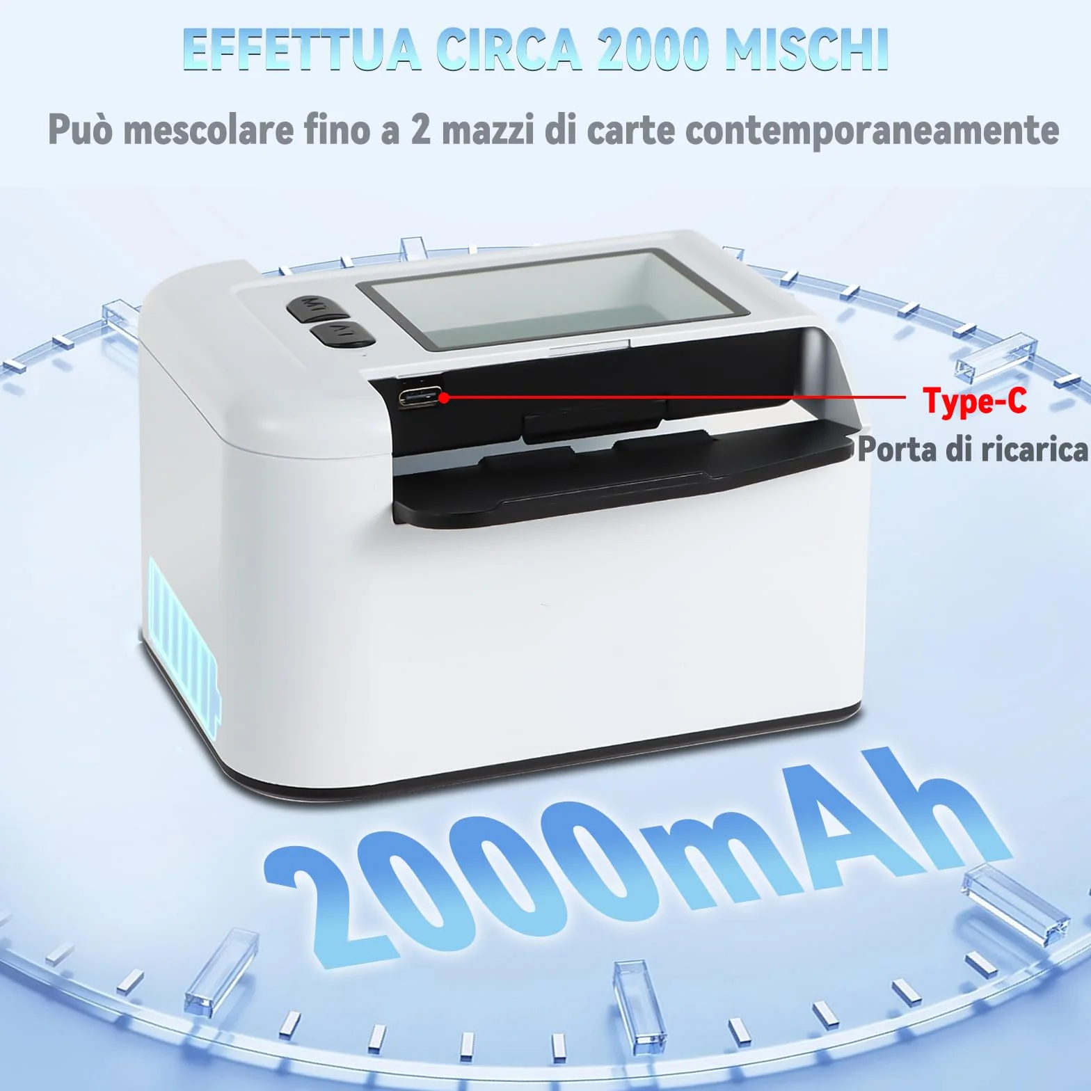 Mescolatore Automatico di Carte da Gioco, Mischiatore Elettrico Portatile per Schede di Diverse Dimensioni, 2000mAh Ricaricabile per Poker, Blackjack, Texas Hold'em (A-Bianco)