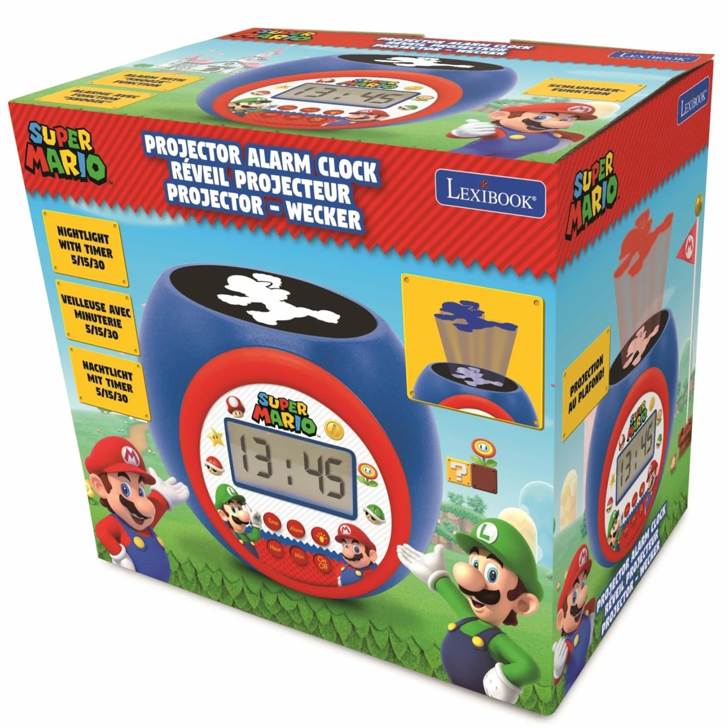 Lexibook - Nintendo Super Mario Sveglia con proiettore con Snooze Funzione, Luce Notturna con Timer, Schermo LCD, a Batteria, RL977NILXB