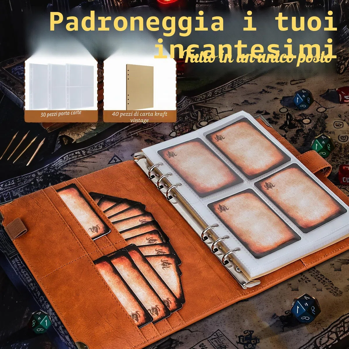 Byhoo Spellbook Porta carte DND RPG tascabile libro degli incantesimi e porta carte di riferimento, Tome of Recollection TTRPG, accessori da gioco per DND Beginner Master (60 carte giocatore
