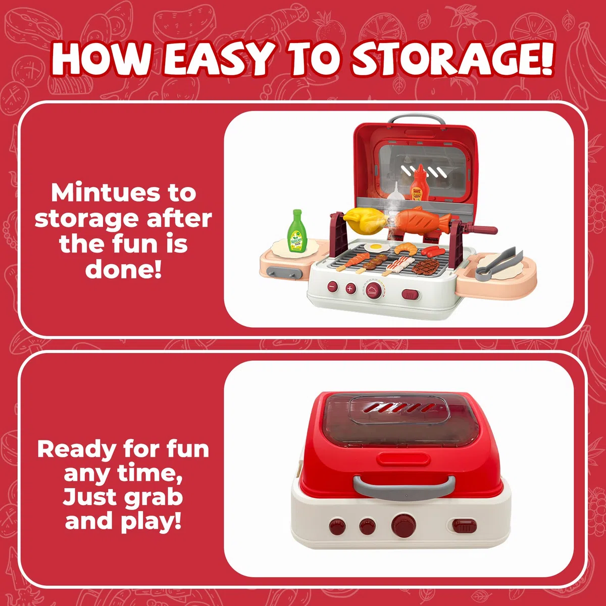 Set di giocattoli per barbecue per bambini con rumori di fumo e luce, accessori da cucina, barbecue interattivo, per bambini dai 3 agli 8 anni (RED)