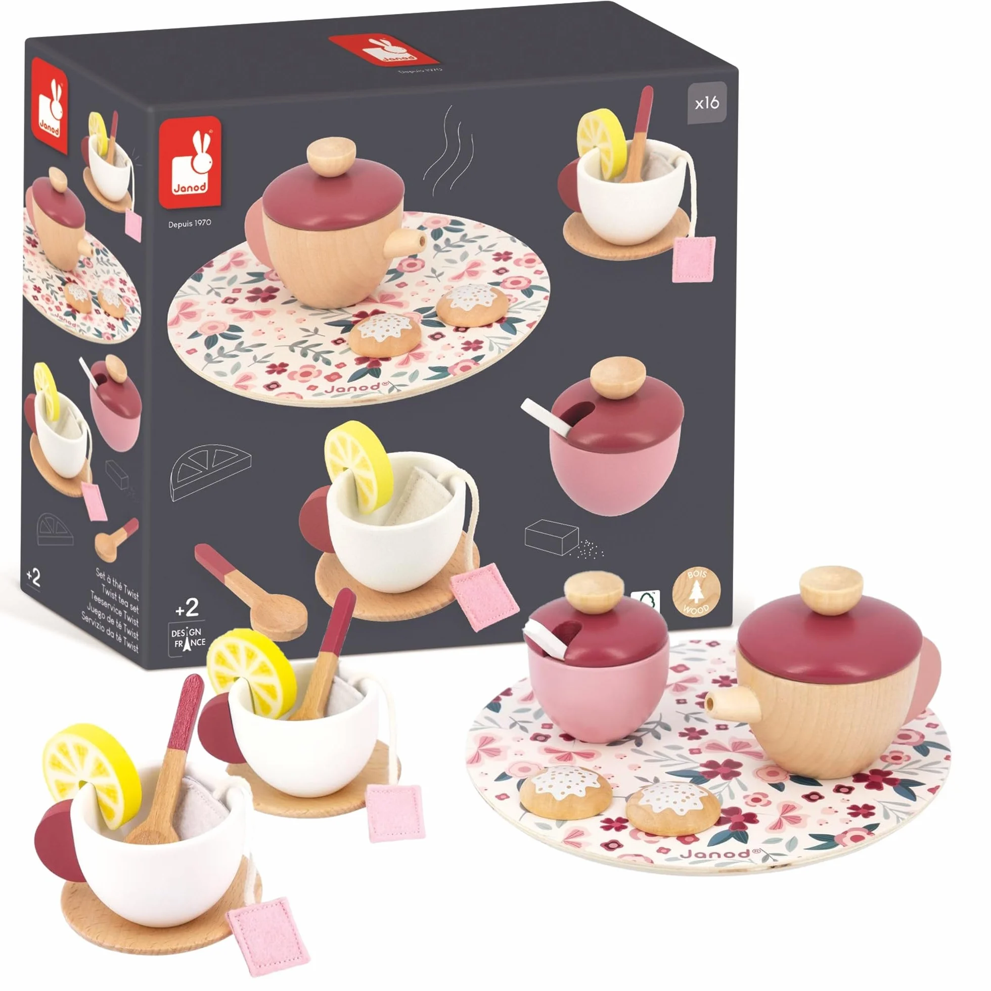 Janod - Servizio da tè Twist - 16 Accessori Legno e Feltro - Giocattolo di Imitazione - Servizio tè Bambini - in Legno FSC - dai 2 Anni, J06631
