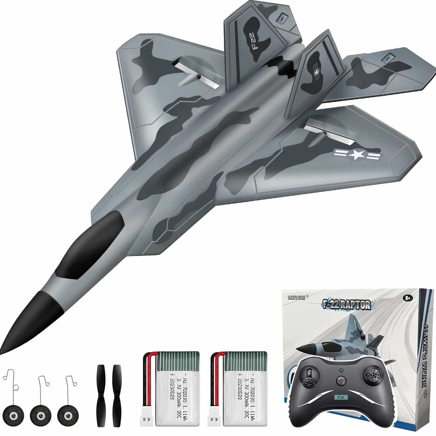HAWK'S WORK Aereo Telecomandato 2 CH, F-22 Può Volare Subito, Aereo telecomandato a 2,4 GHz, Adatto a Bambini e Principianti, Aliante Volante Telecomandato