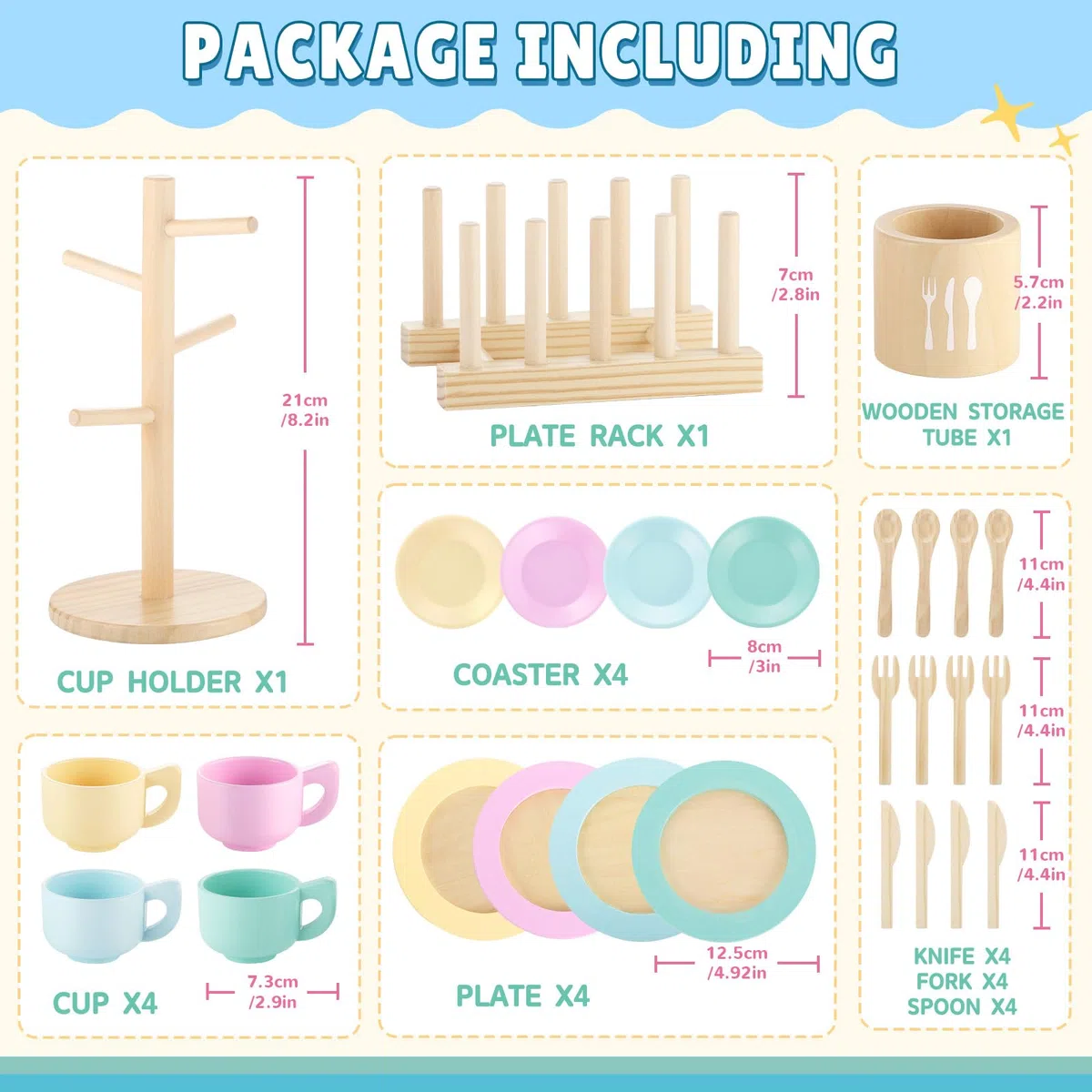 GAGAKU Set di stoviglie da cucina per bambini, 27 pezzi, servizio da tè per bambini, in legno, con supporto, giocattolo Montessori per bambini 3-5 anni (ultima versione)