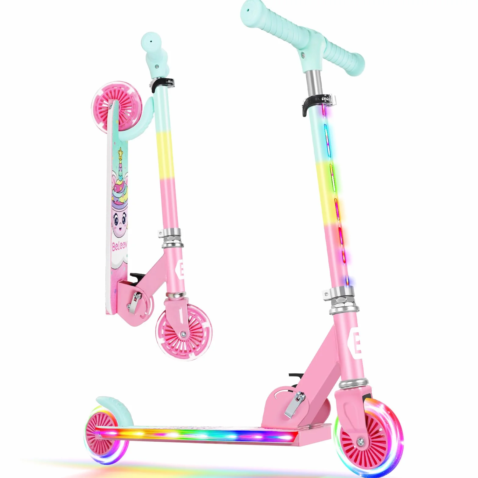 BELEEV V2 Monopattino Bambino 3-12 anni, LED Ruote Illuminate & Stem & Deck, Pieghevole Monopattino 2 Ruote per Bambina Ragazza Ragazzo, 3 Altezza Regolabile, Ponte Antiscivolo, Carico Massimo 50Kg
