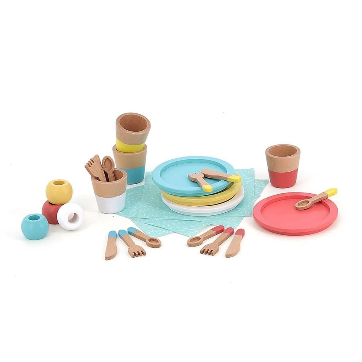 Vilac Dinette Pasto in Legno-Set di 28 Pezzi per Bambini-Stimola l'immaginazione e l'imitazione con Piatti, Occhiali, Posate e Asciugamani-Promuove le capacità motorie sottili, 8178